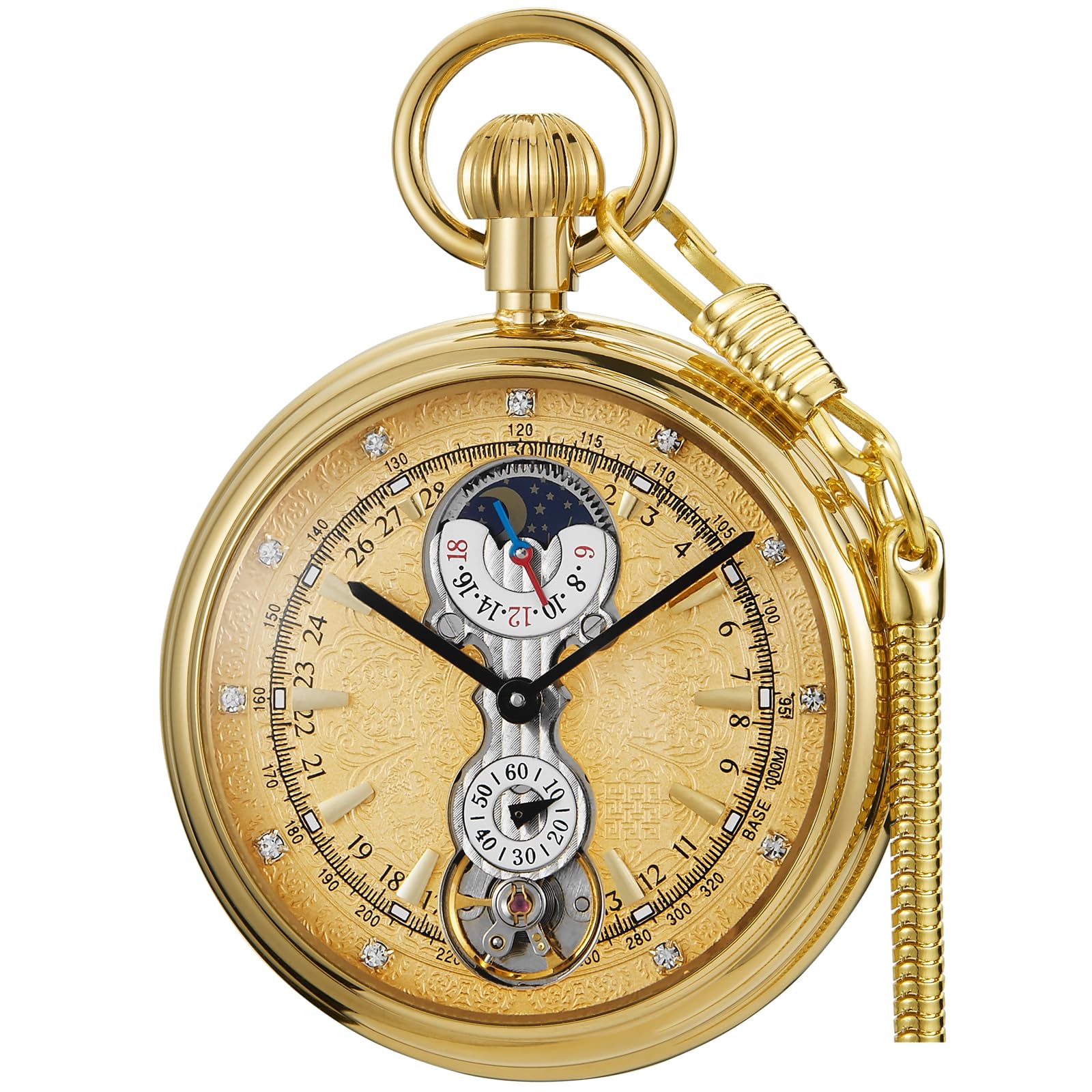 Resistance Full Steel Pocket Watch Mechanical Hand Wind Antique Clock Honed Stainless Original with Chain & Box