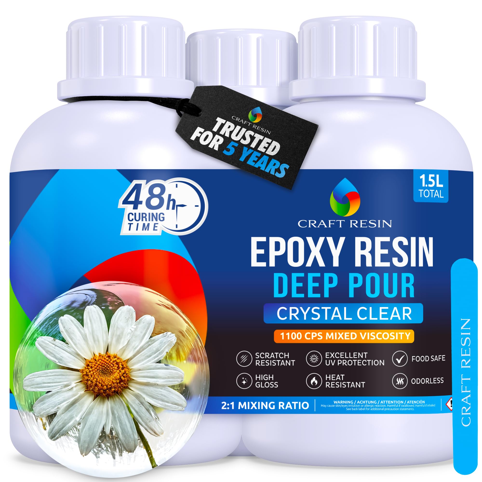 CRAFT RESIN 1.5L Crystal Clear Deep Pour Epoxy Resin Kit - Food Safe & UV Resistant Best for DIY, Art, River Table, Wood, Flower Preservation, Mould Casting Resin Epoxy Kit - for Beginners & Pros