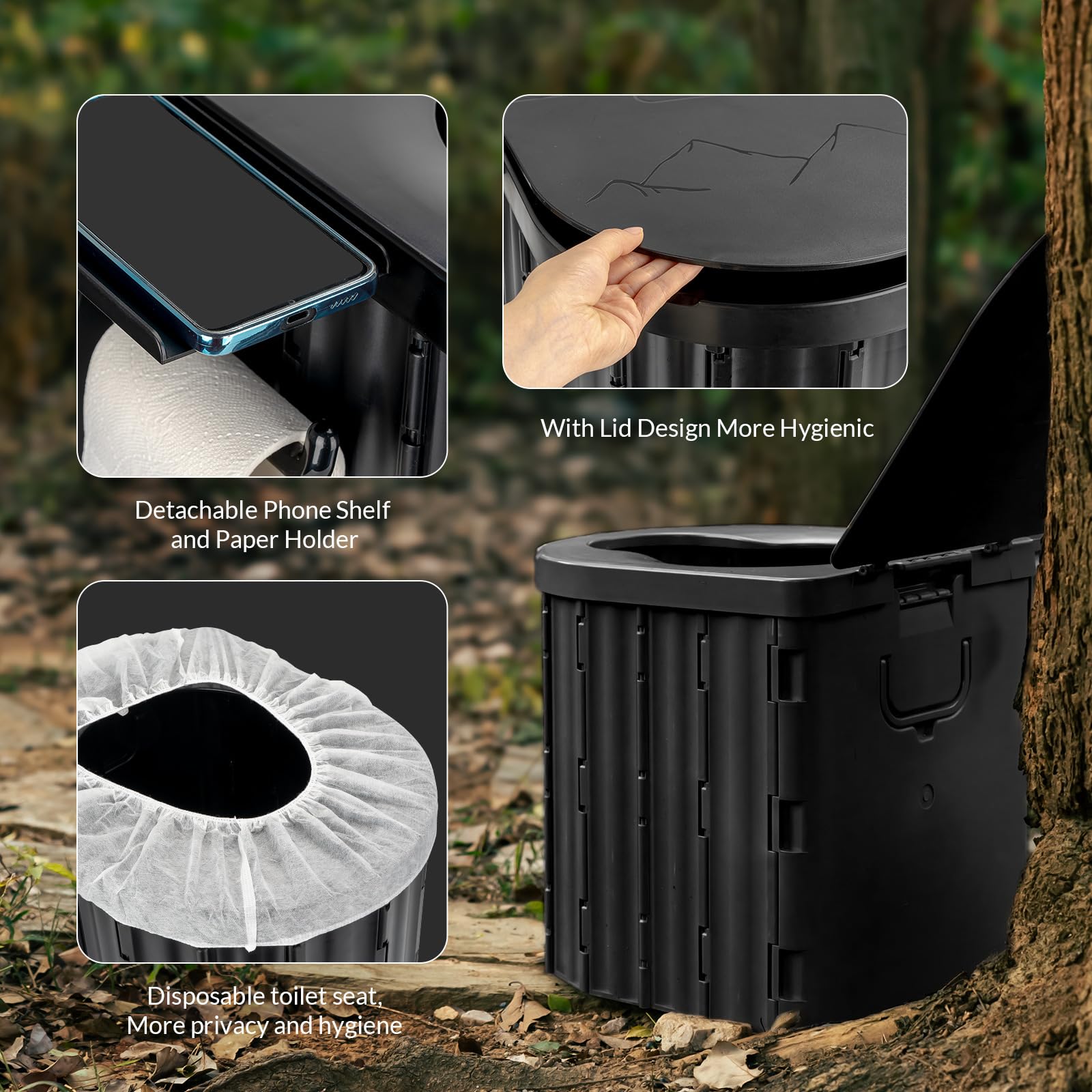 Campingtoilet, extra groot mobiel toilet met deksel, apart toilet, draagbaar toilet voor buiten of binnen, met papierrolhouder en telefoonplank. Ideaal voor kamperen, wandelen, reizen, vissen (Zwart