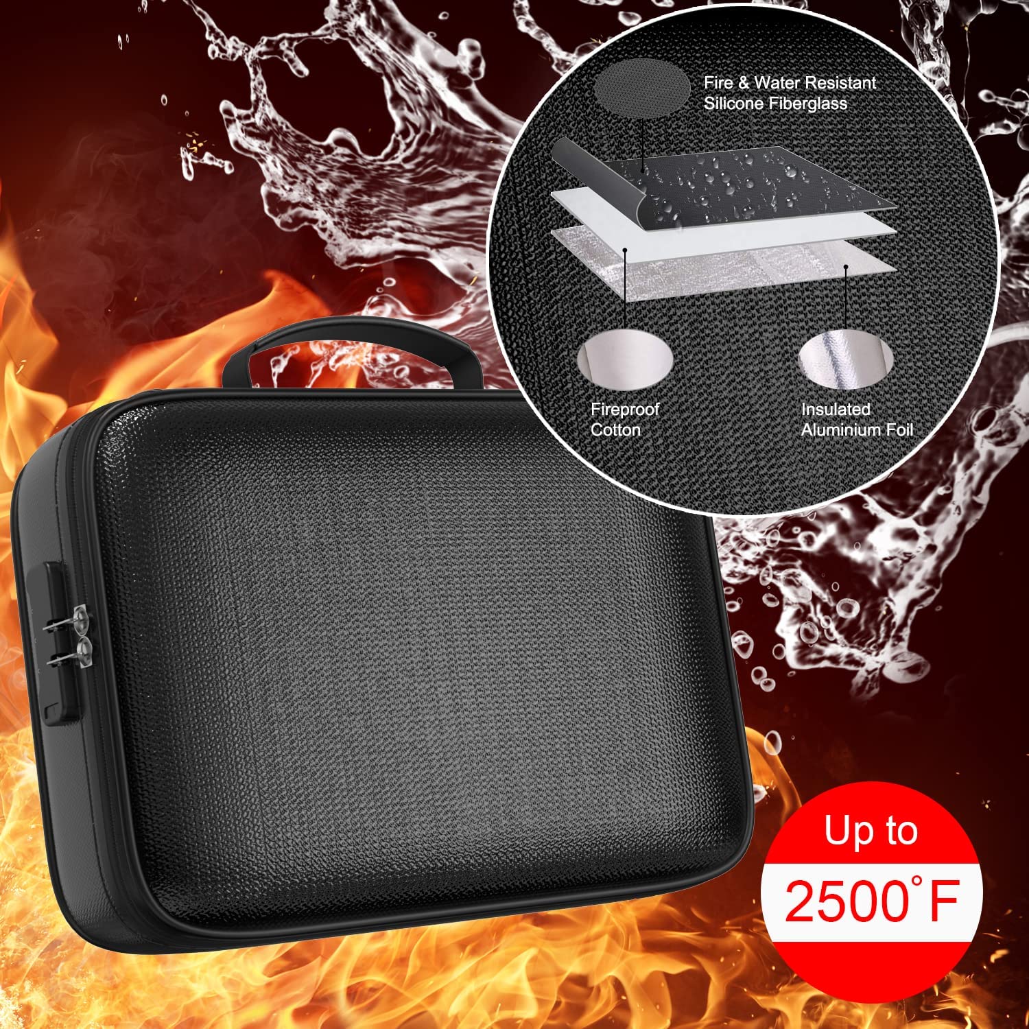 QNIGLO Caja Fuerte Ignífuga con Cerradura, bolsa organizador impermeable, Tarjeta, Certificado Importante con Bolsa Organizadora de Varias capas, bolsa de documentos para el hogar oficina viajes