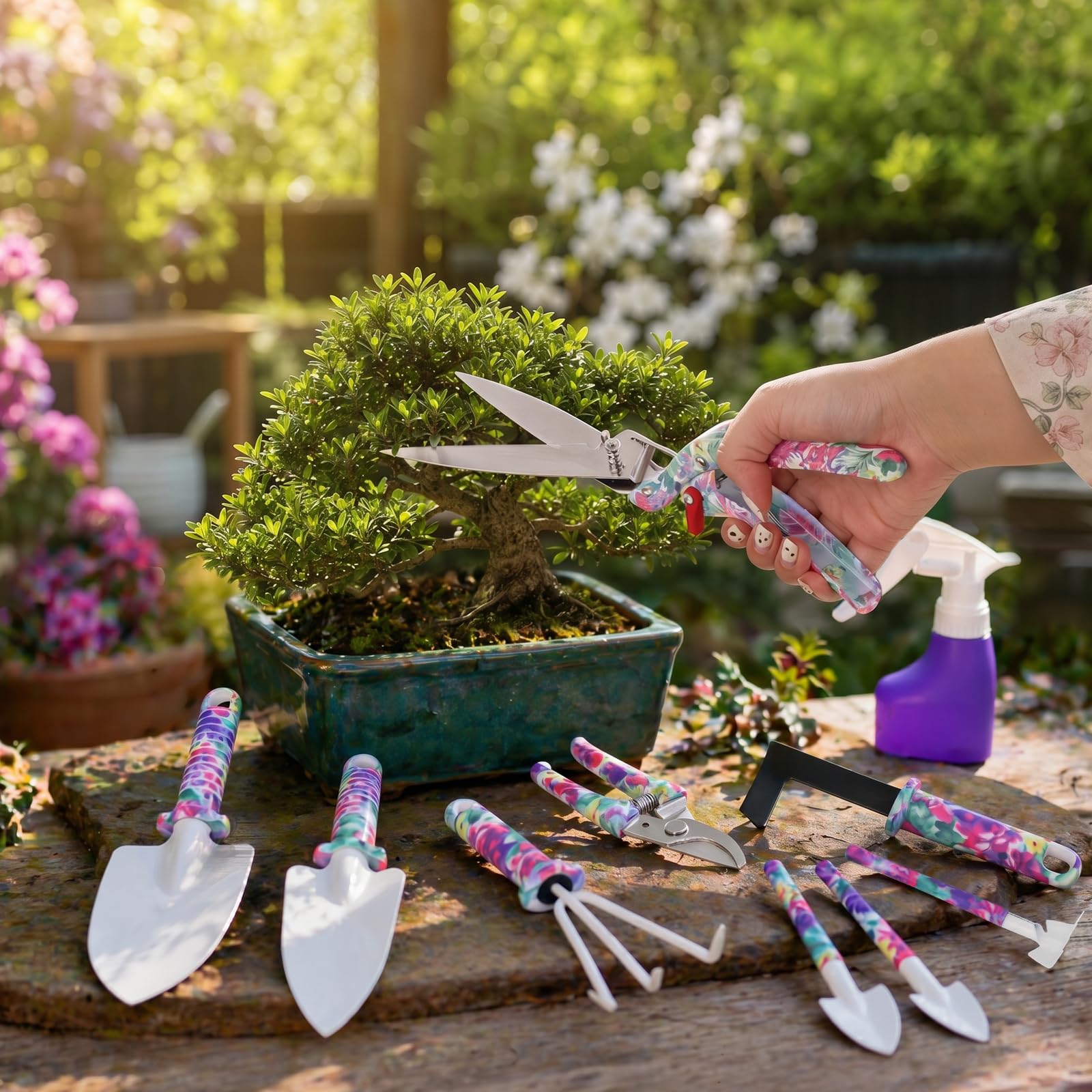 Outils Jardinage, Kit 10 Pièces avec Mallette, Motif Violet