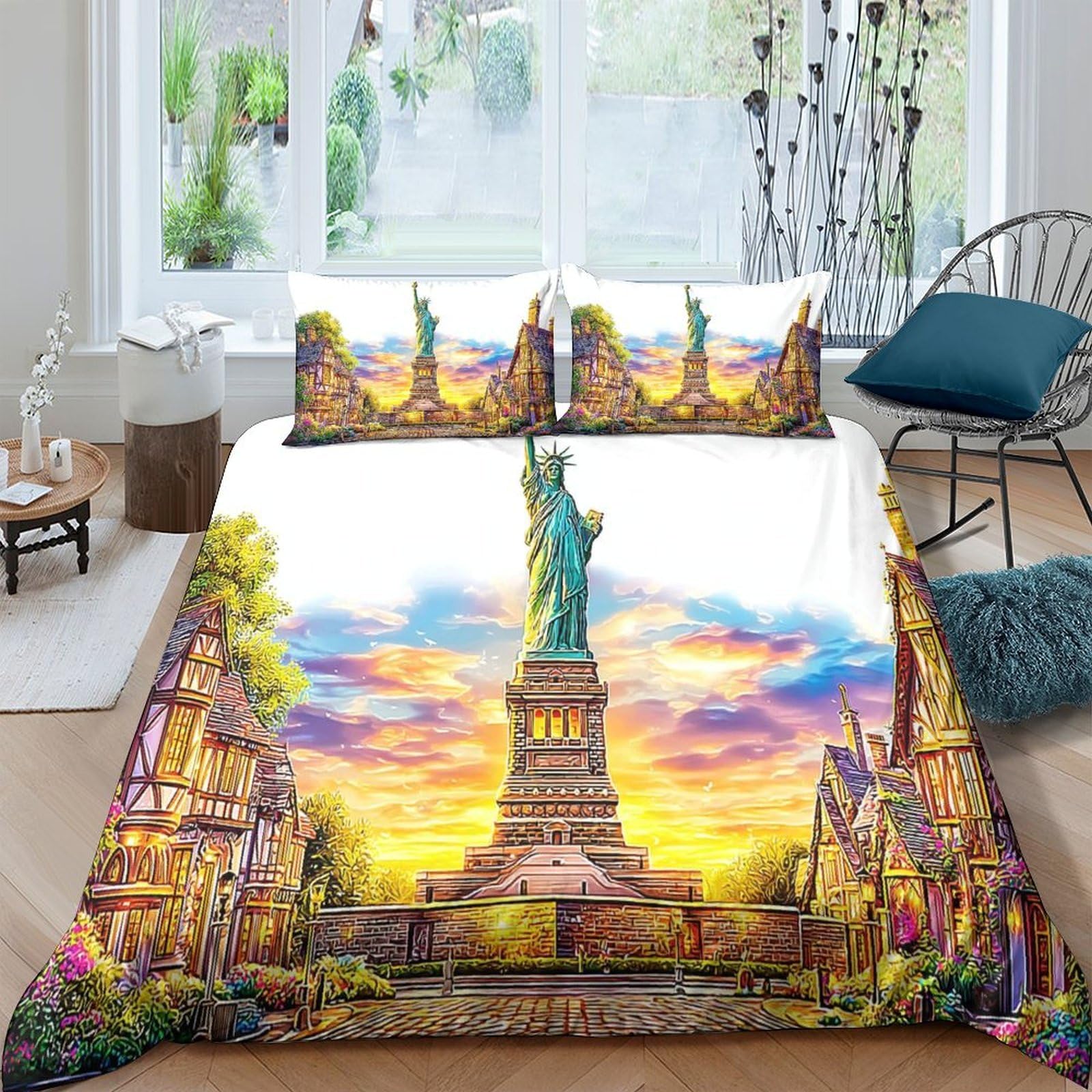 Parure de lit Statue de la Liberté New York Super King 260x220cm avec 2 taies d'oreiller