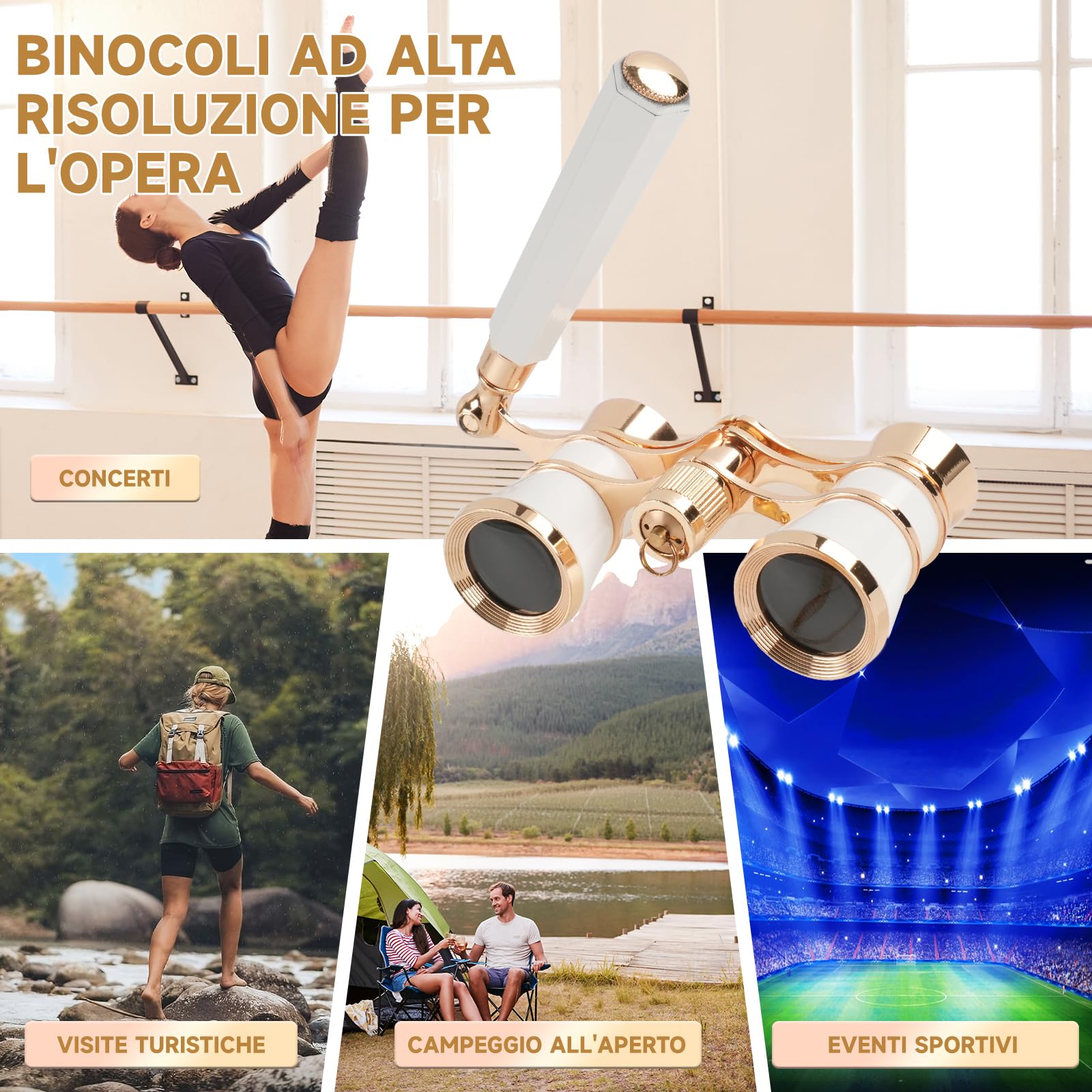 Binocolo da Teatro 3x25 Bianco - Vintage Portatile con Manico e Catena, per Opera, Concerti e Regali