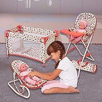 Vista 3 de Conjunto de accesorios para muñeca bebé floral, cuna para muñeca de 3-1, silla alta y asiento rebotador para muñeca. Accesorios para muñeca de 18