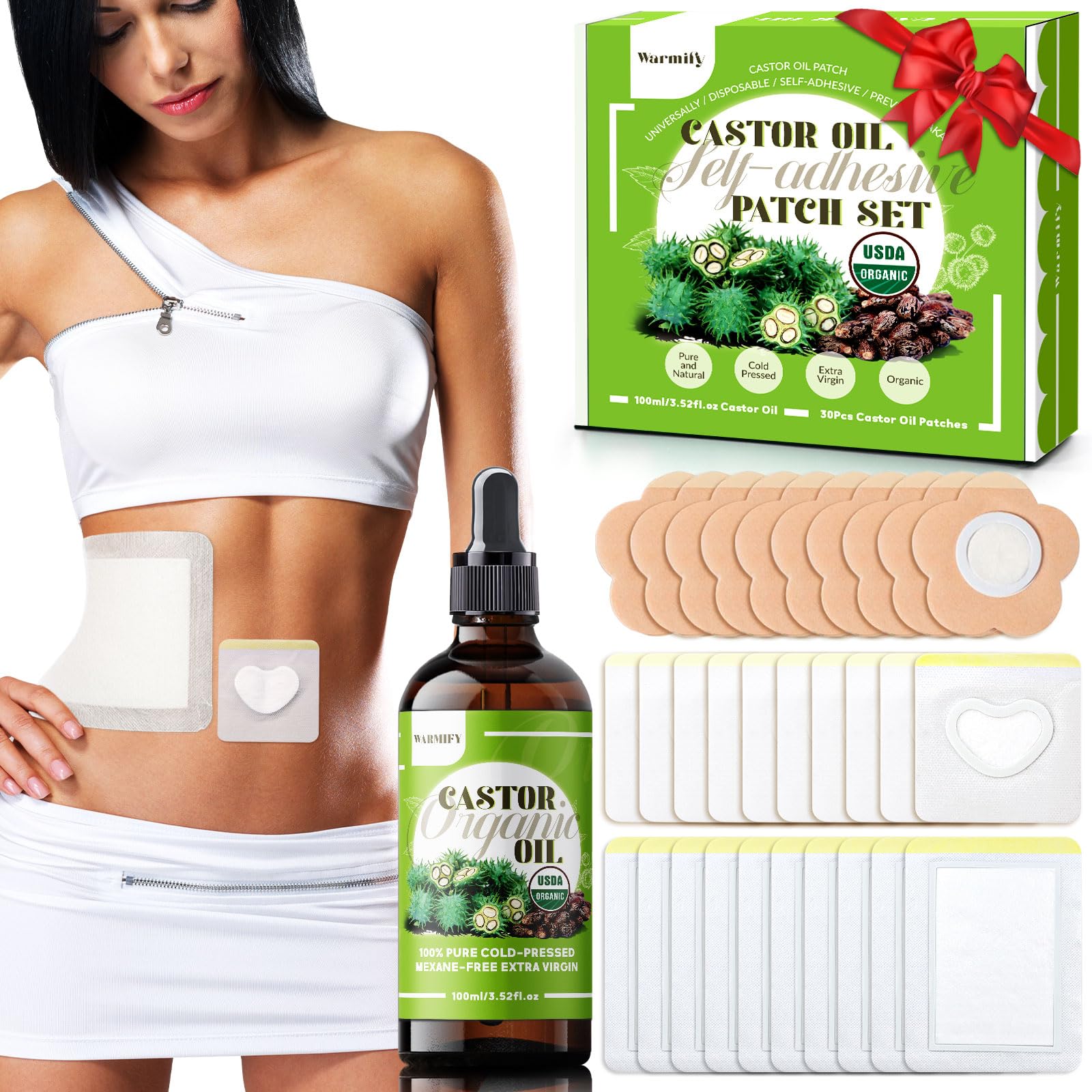 30 Pcs Castor Oil Patches with Castor Oil Organic Cold Pressed Unrefined Glass Bottle(3.5oz),Cotton Caster Oil Pack Wrap for Waist Back Neck Arm Belly