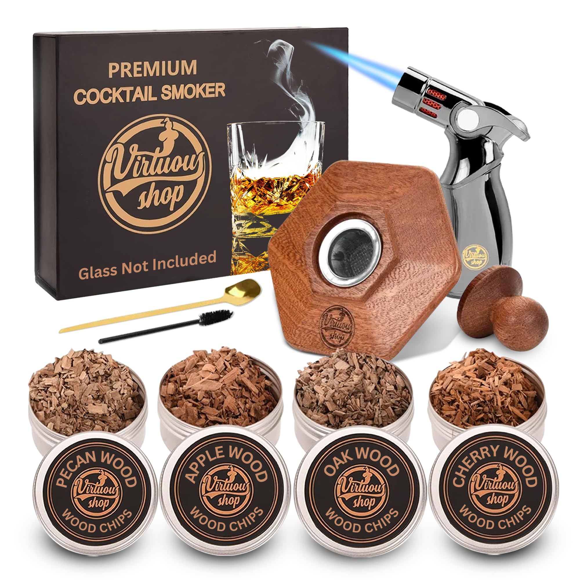 Virtuous Shop Cocktail Smoker Kit with Torch – 4 Flavors Wood Chips – Bourbon, Whiskey Smoke Infuser Kit, Smoked Old Fashioned Kit – Gifts for Men, Dads & Husbands – Smoke Drink Infuser (No Butane)