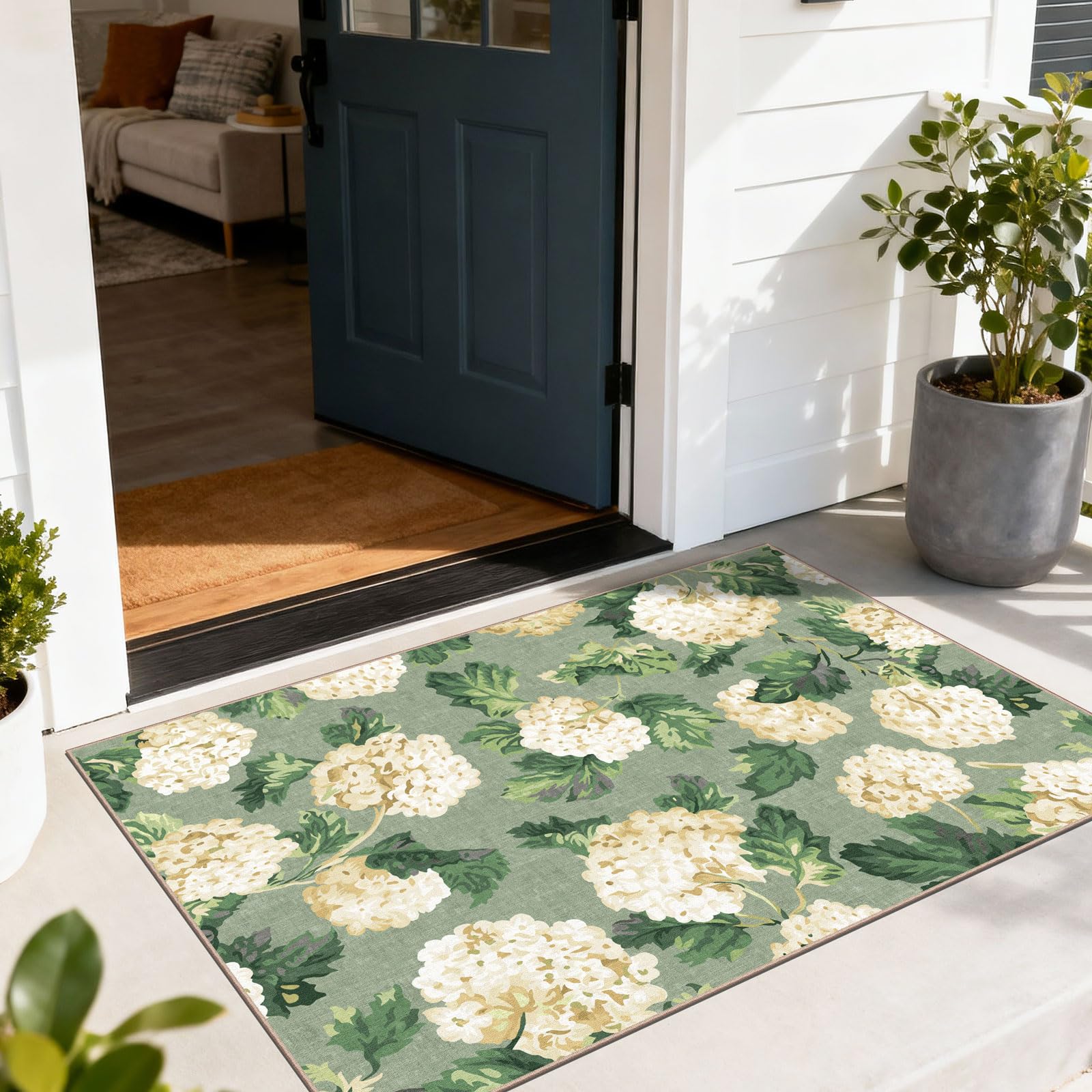 Othilic Spring Outdoor Rug - 28" x 43" Front Door Mat Indoor Outside Entrance Non-Slip Washable Outdoor Mat Sage Green Beige Flower Rug for Entryway Kitchen Bedroom Layered Doormat for Front Porch