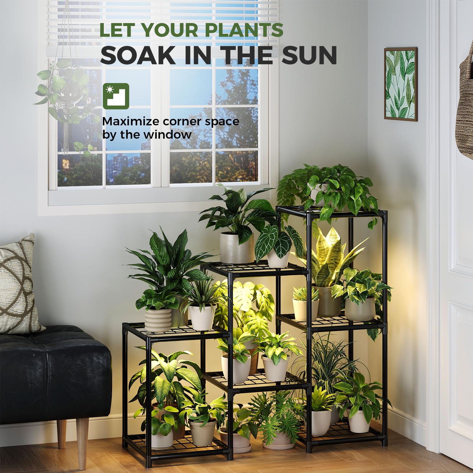 Laposso Soporte para plantas con luz de crecimiento para plantas de interior, estante de metal de 3 niveles, luces de cultivo para plantas de interior, dormitorio, sala de estar