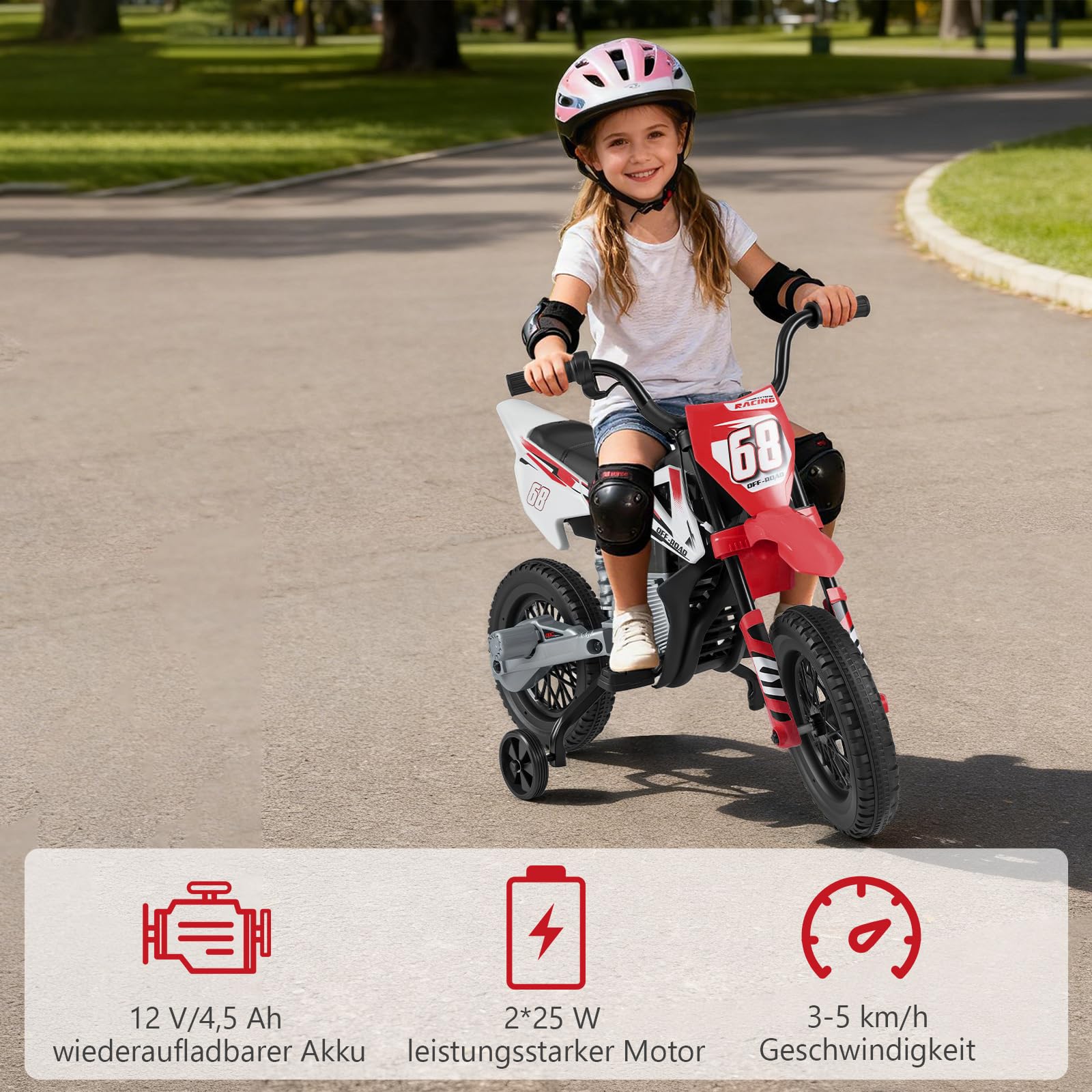 COSTWAY 12V Kinder Motorrad elektrisch, Eletromotorrad mit Fußpedalen & abnehmbaren Stützrädern, Kindermotorrad mit Musik, 3-5 km/h, Motorrad Eletro für Jungen & Mädchen ab 3 Jahre (Rot)