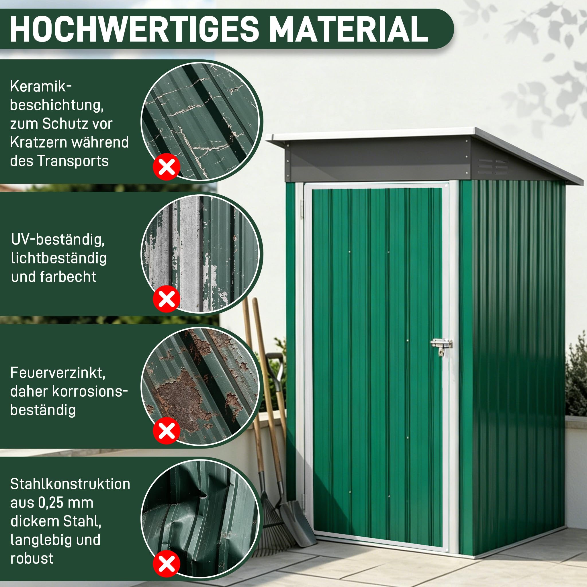 Caseta de jardín de metal, 96 x 75 x 185 cm, resistente a la intemperie, con cerradura con tejado, caseta de jardín, herramientas para exteriores, cobertizo para patio trasero, terraza