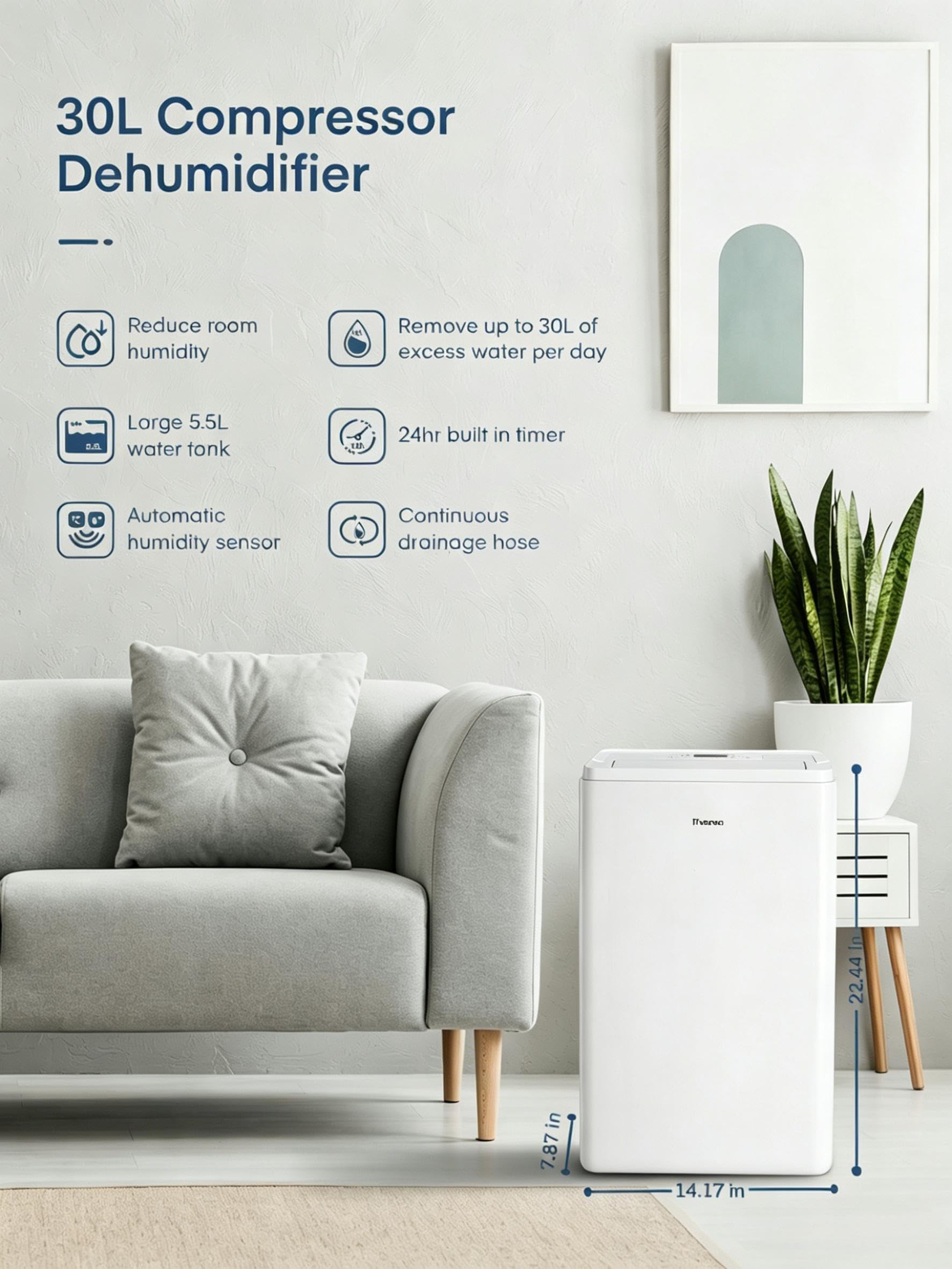 Deumidificatore con app e Wi-Fi, 20 l/24 h, deumidificatore elettrico, per fino a 135 m³, serbatoio da 4,2 l, protezione da traboccamento, timer 24 ore con modalità lavaggio, umidificatore per cantina