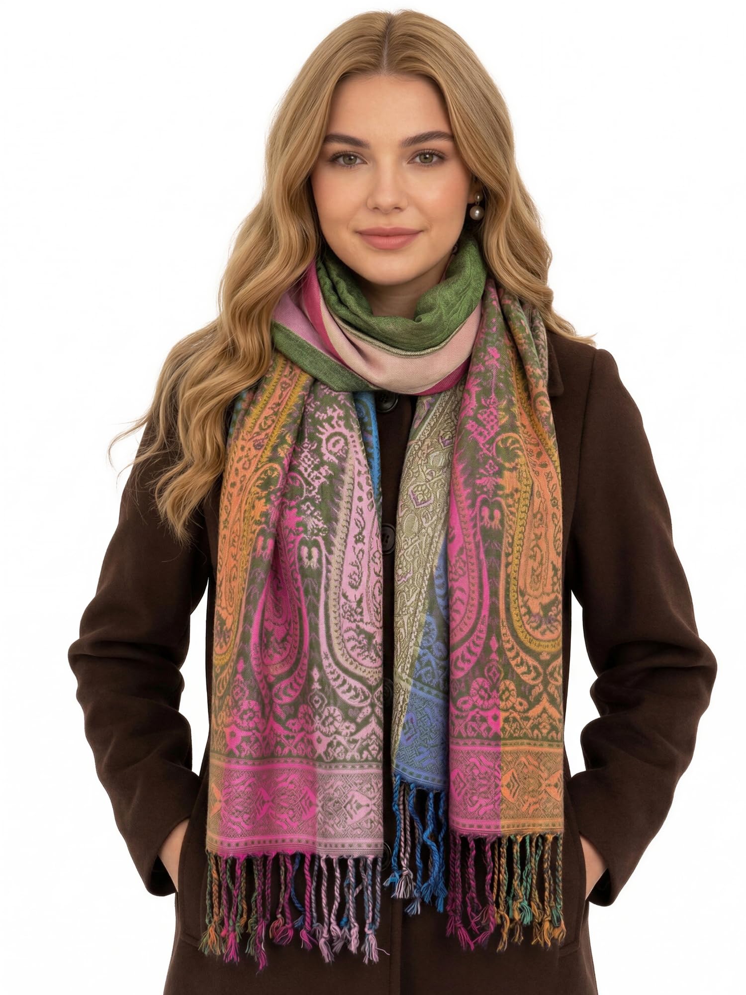 InStyle Bags Women's Large Multicolour Pashmina Shawl Scarf, Woman Rainbow Coloured Scarf, Bright Multi Colour Wrap, Lightweight Summer Evening Paisley Floral Stole Winter (rainbow paisley green)