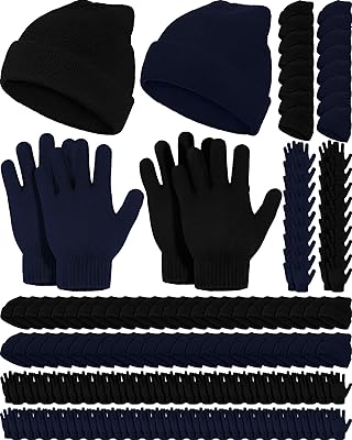 Jecery 72 Pcs Bulk Winter Beanies Hat Glove Sets Knitted Cap Beanie Bulk Winter Gloves Bulk Warmer Cold Weather Running Warm Skiing for Homeless Unisex Women and Men, Black and Navy Blue, One Size