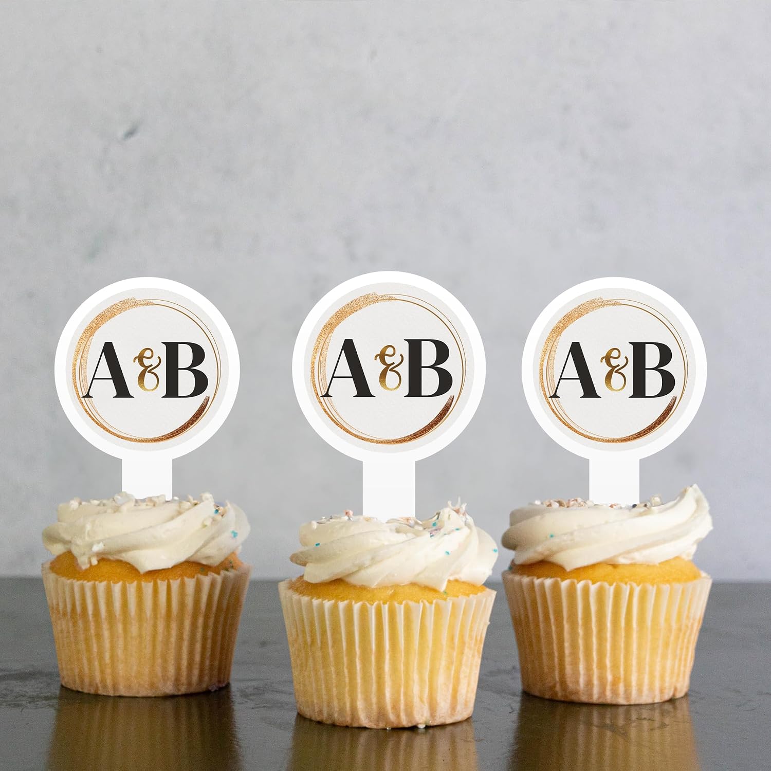 Custom Wedding Toppers, 2x4 Inches, Solid Plastic Personalized Engagement Party Dessert Toppers, Gold Streak Design Personalized Initials (25)