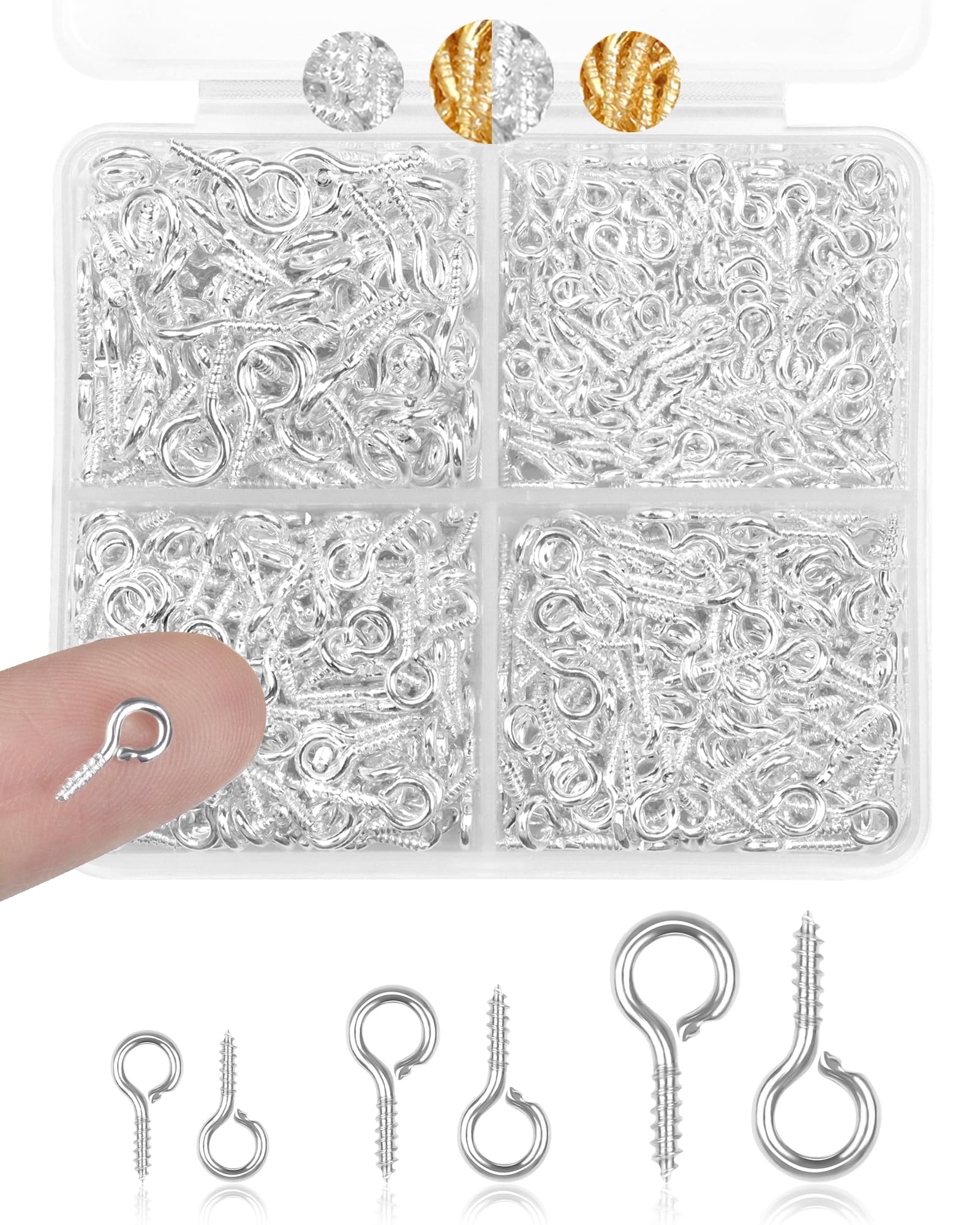 FIVEIZERO 600pcs Small Eye Pins for Jewelry Making & DIY Crafts, Mini Eyelet Screws for Art Projects & Bead Charms, Tiny Eye Hooks for Crafts (Gold & Silver, 3 Sizes)