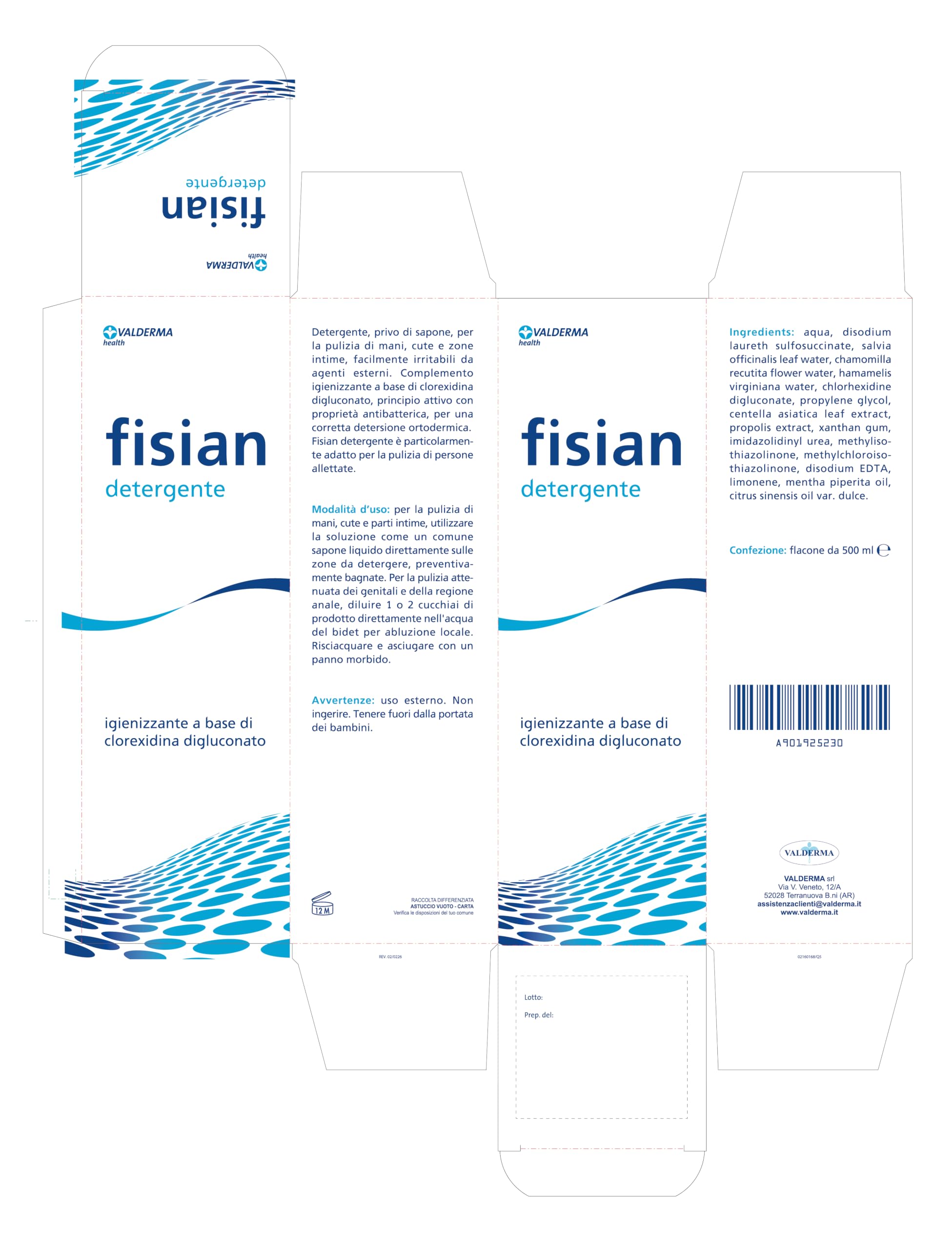 Valderma Fisian Detergente Igienizzante a Base di Clorexidina Digluconato, 500 ML, per Mani, Cute e Zone Intime