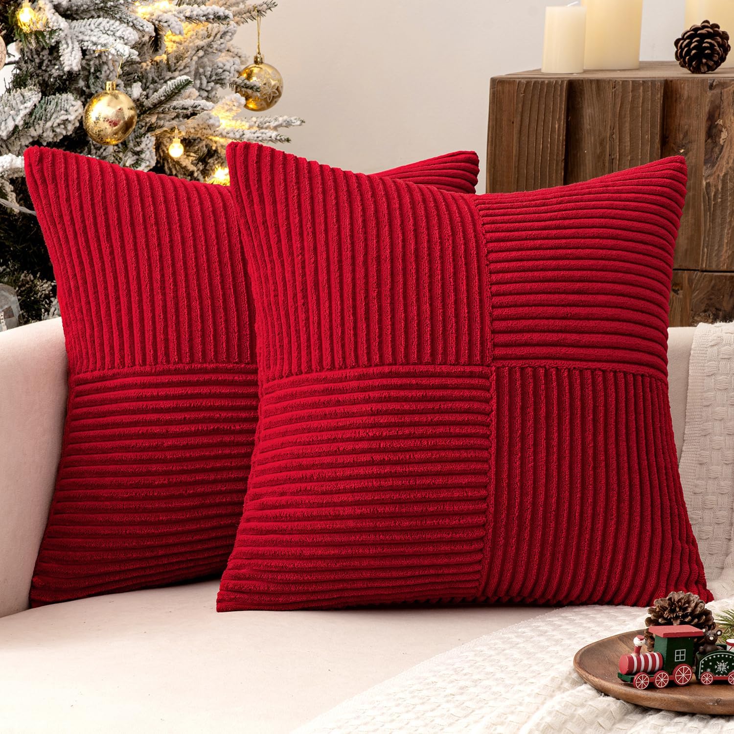 MIULEE Christmas Red Corduroy Pillow Covers Pack of 2 Boho Decorative Spliced Throw Pillow Covers Soft Solid Couch Pillowcases Cross Patchwork Cushion Covers for Living Room Bed Sofa 18x18 inch 18" x 18" (Pack of 2) Red