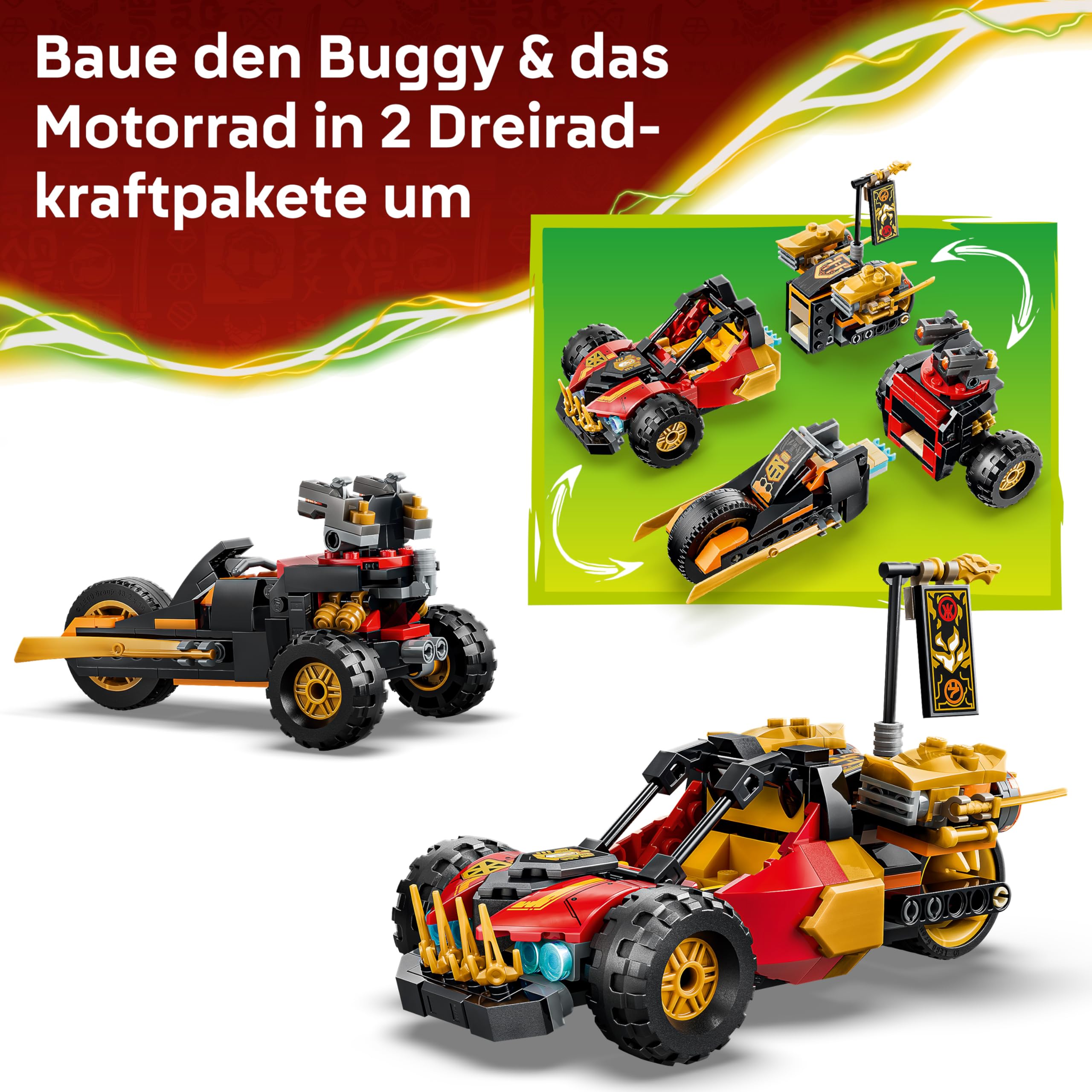 LEGO NINJAGO Kais und Coles Kombi-Flitzer - Ninja Spielzeug mit Auto, Motorrad, 3 Minifiguren inkl. Kai & Cole mit Katanas - Geschenkidee für Jungen ab 7 Jahren und Dragons Rising Fans - 71864