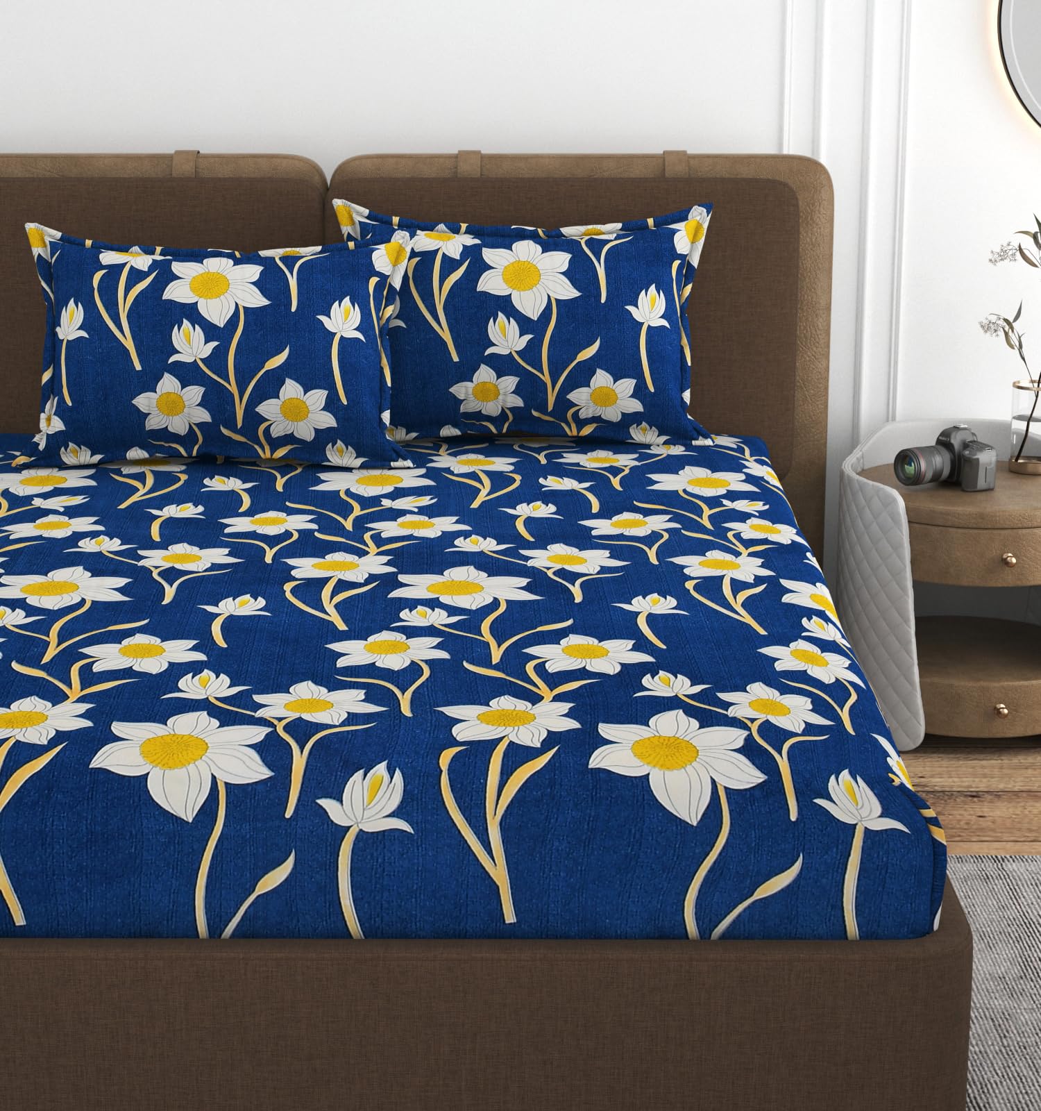 VOMZER 320 TC Cotton Feel All Around Elastic Fitted Floral Bedsheets King Size, Premium Elastic Fitted King Size Bed Sheet for Double Bed with 2 Pillow Covers, Size- 78 x 72 (Lotus Blue)