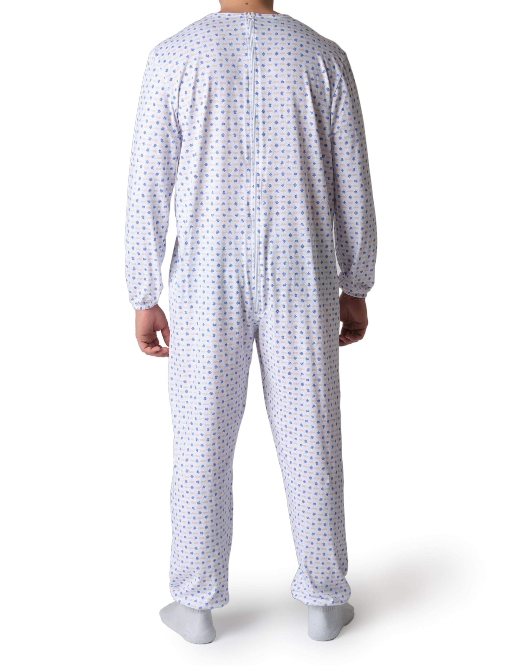 Pyjama sanitaire pour personnes âgées en coton d'été avec fermeture éclair arrière - Tuton pour personnes âgées avec Alzheimer ou Incontinence Made Italy - Gouvernail bleu