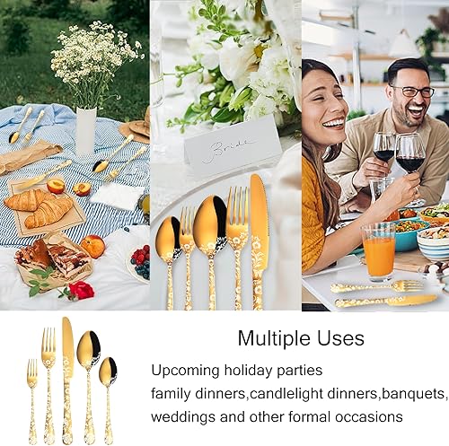 Miniatura 6 de Hewslaty Juego de cubiertos de 20 piezas con patrón único, juego de cubiertos de acero inoxidable para 4 personas, incluye cuchillos, tenedores,