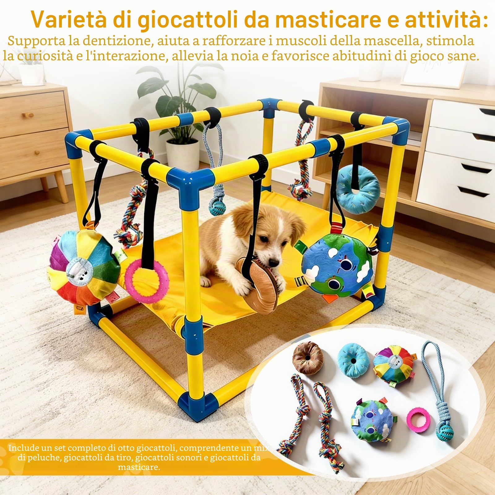 Palestra per Cani, Stanza Giochi per Cucciolo 60 x 40 x 40 cm con Amaca e Giocattoli Sospesi Sala Giocattolo per Cucciolo con Giochi per Cani per Promuovere L'esercizio e la Stimolazione Mentale