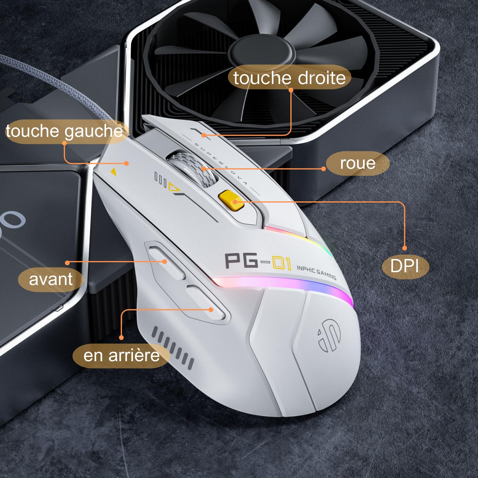 Souris gaming filaire, 12800 DPI réglables, 6 boutons programmables, 12 boutons RGB respirants, souris de jeu optique USB ergonomique, PC, ordinateurs portables et ordinateurs de bureau (blanc)