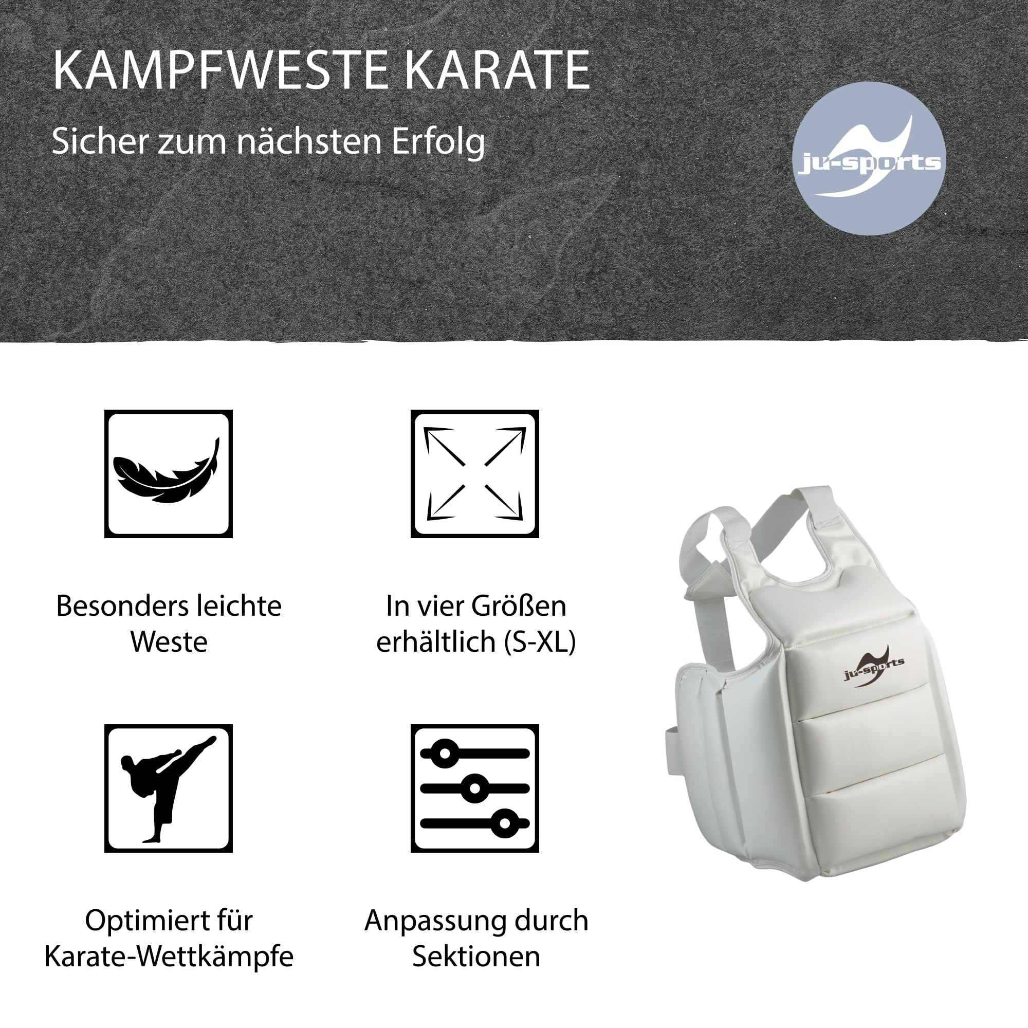 Ju-Sports Kampfweste Karate - weiß I Leichte Weste für Karate Wettkämpfe I Schnell anzulegende Kampfweste die optimal sitzt I PU-Material, Größe S-XL