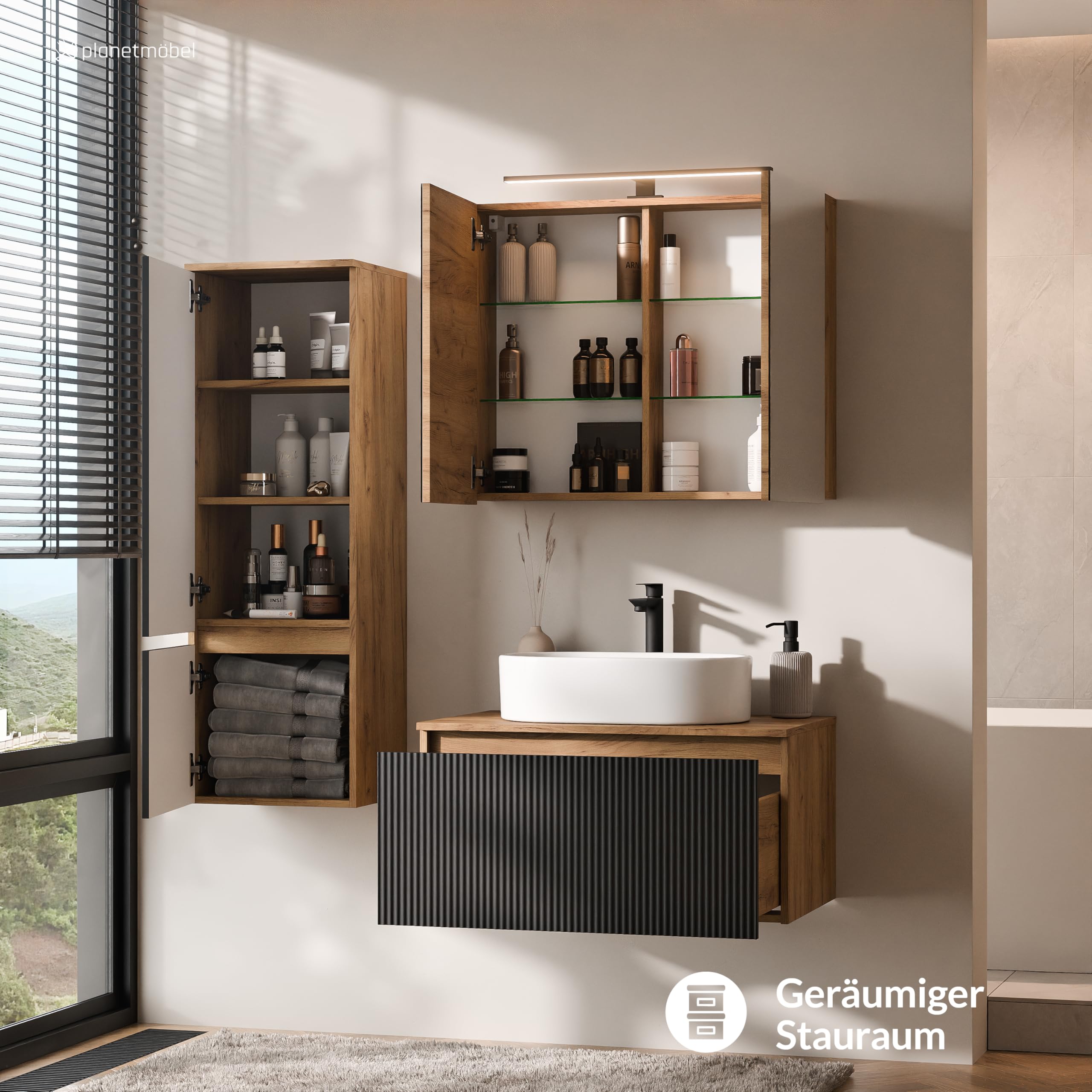 Planetmöbel Arisa - Juego de muebles de baño con armario bajo (80 cm, roble dorado y negro estriado) con armario ARIA con espejo y armario alto, lavabo de 55 cm, color blanco, incluye sifón para