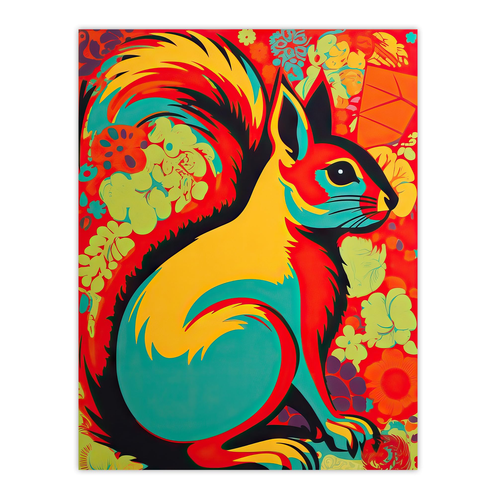 Abstract Vibrant Bold Colourful Painting Poster - Autumn Squirrel Neon Red Orange Yellow Teal - W24 inch x H32 inch - Artery8