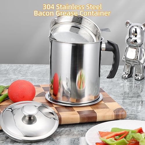 Miniatura 9 de Recipiente de grasa de tocino de 1.3 L  44 onzas con colador, lata roja para almacenamiento de grasa, recogedor de almacenamiento de aceite para