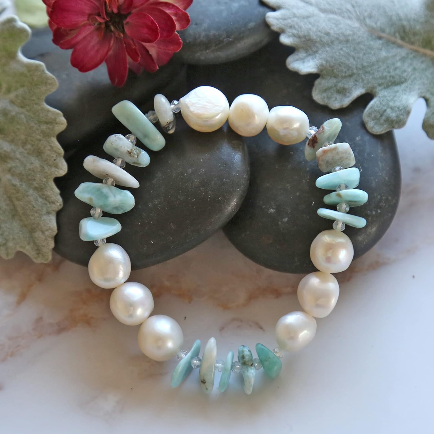 MGR Stretch Bracelet for Women. 7.5-8" Aquamarine, Lapis, Pink Opal, Strawberry Quartz, Yellow Jade, Amethyst, Peruvian Amazonite, Larimar & Genuine White Freswater Pearl