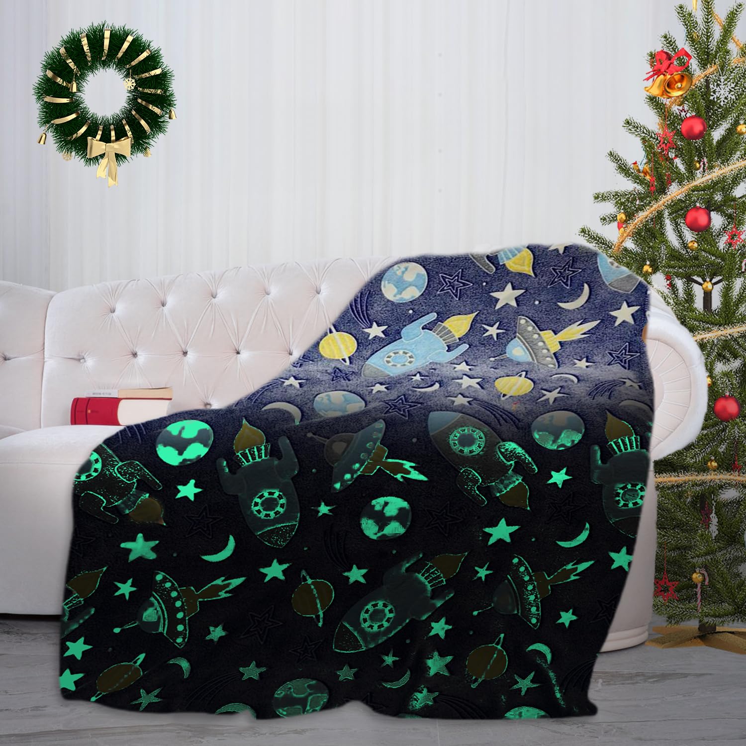 Glow in Dark Spaceship Blanket, 59×51 Inch Soft Flannel Fleece All Season Throw Blanket w...