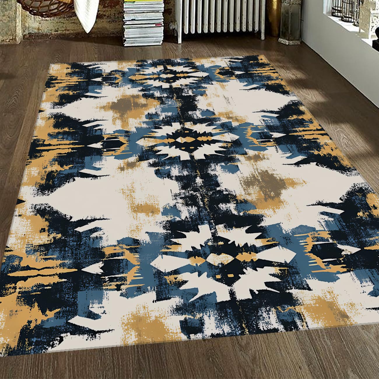 Tapis géométrique lavable grand salon avec flanelle poil ras cosy