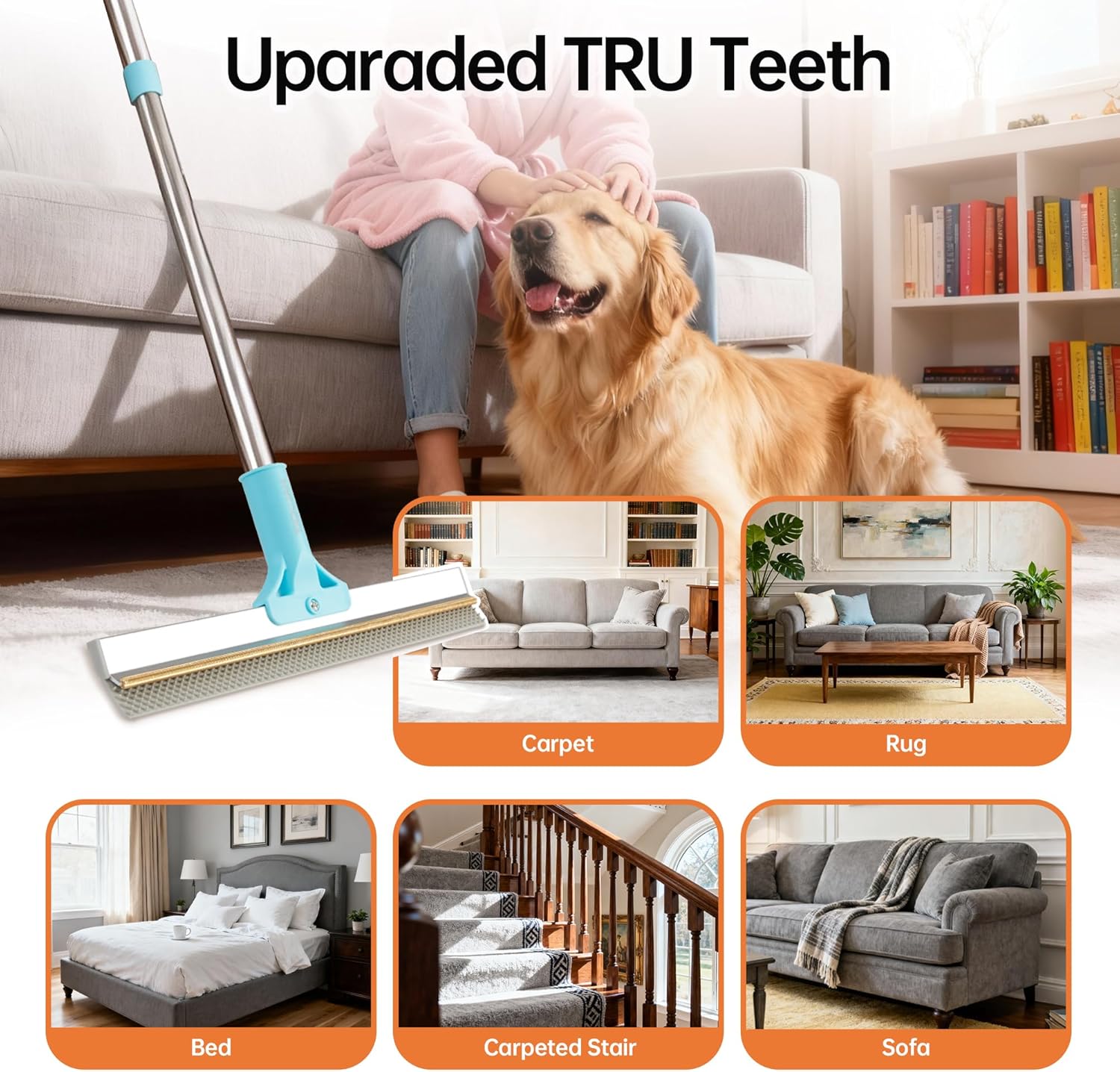 Carpet Rake for Pet Hair Removal - Reusable Uproot Clean Pet Hair Remover, 63” Adjustable Long Handle Cat Dog Carpet Rake Scraper, Dog Hair Rake Brush for Rugs, Mats, Couch