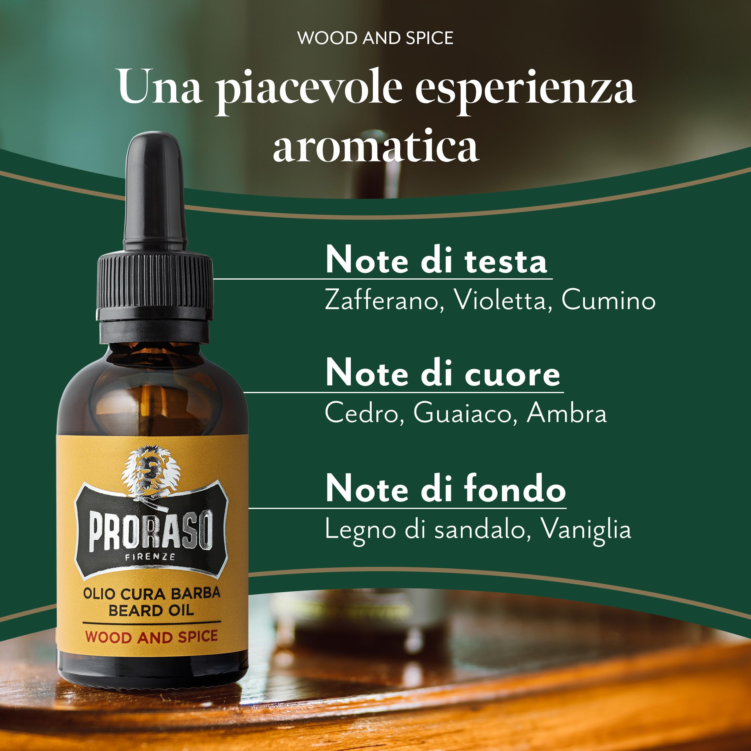 Proraso Olio Cura Barba Wood and Spice, 30ml, Olio da barba uomo con effetto ammorbidente e nutriente, Olio barba folta e lunga, Made in Italy