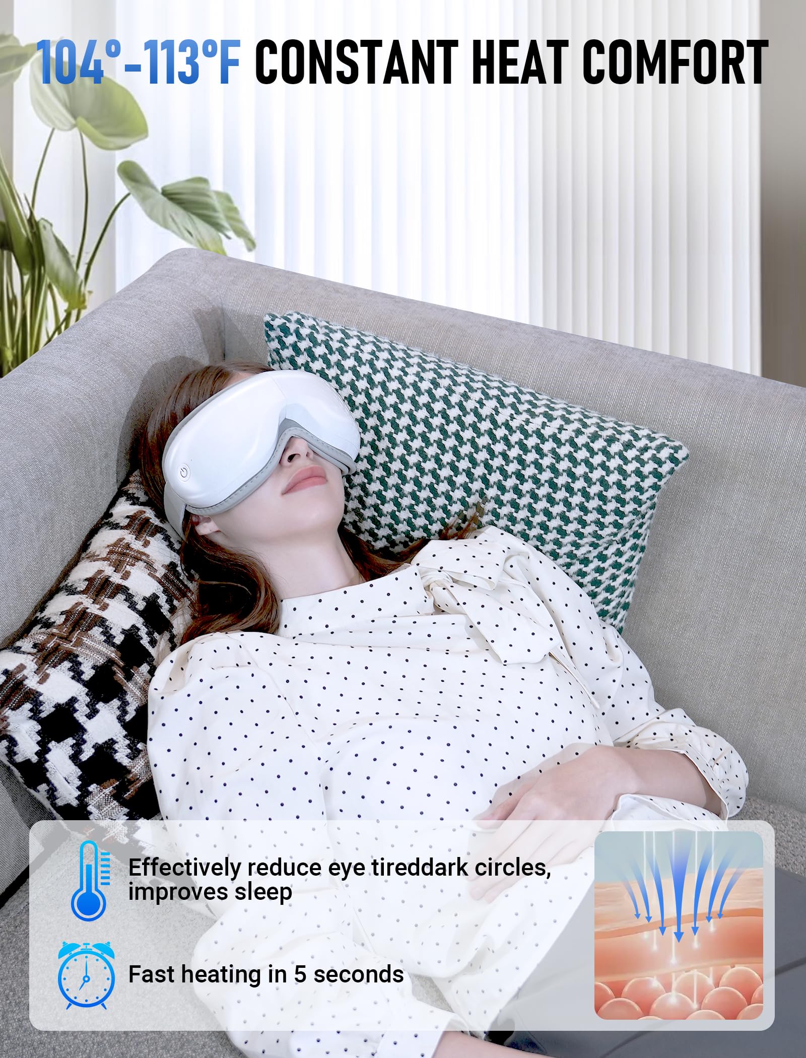 Masseur des yeux avec musique Bluetooth, chauffage et vibrations - Masque de massage sans fil pour soulager les yeux secs, la fatigue oculaire et les maux de tête, favoriser le sommeil