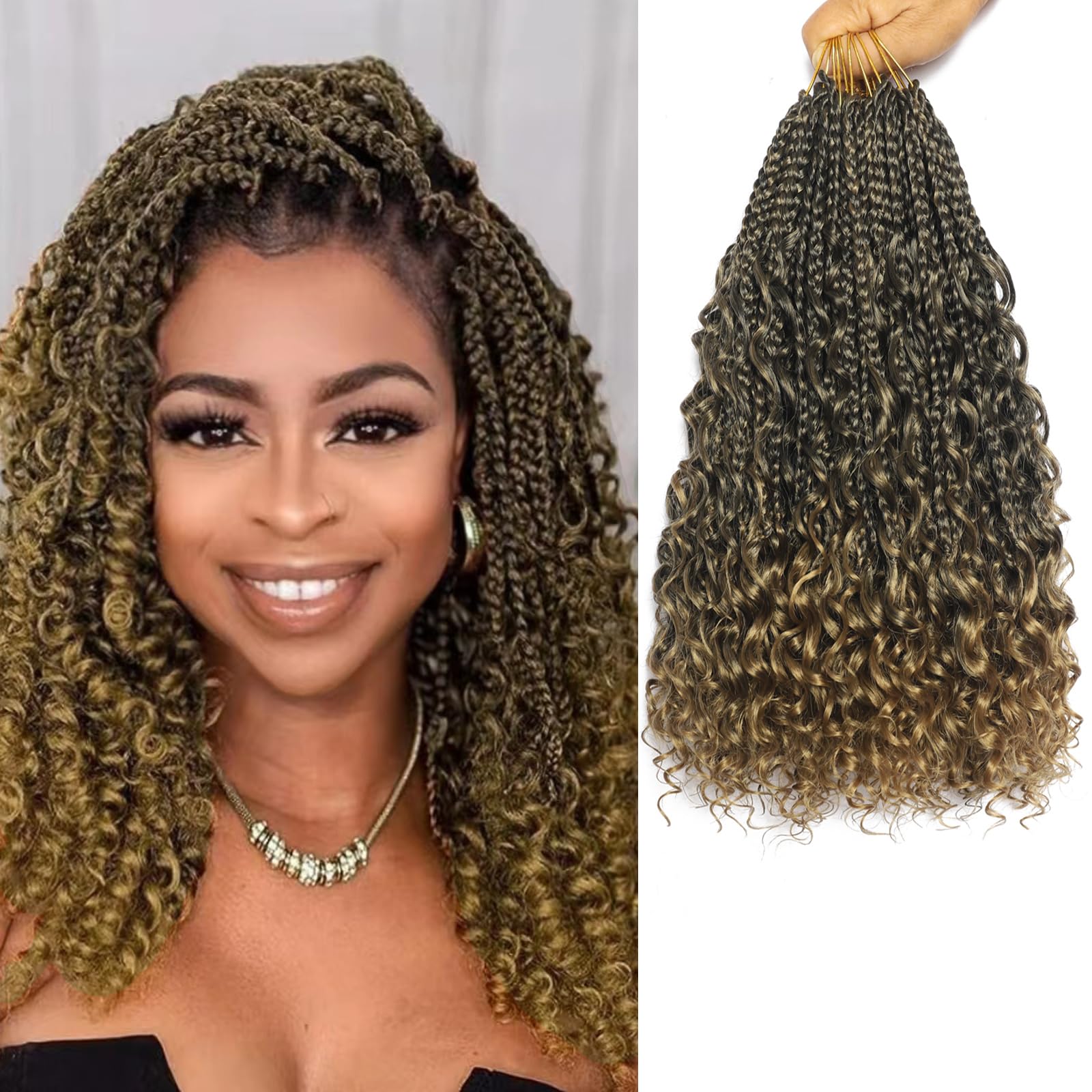 Flagship 9 Packs Goddess Box Braids Crochet Hair for Black Women,14 Inch Pre-looped Crochet Braids with Curly Ends, Bohemian Curly Hippie Box Braids Crochet Hair -T27