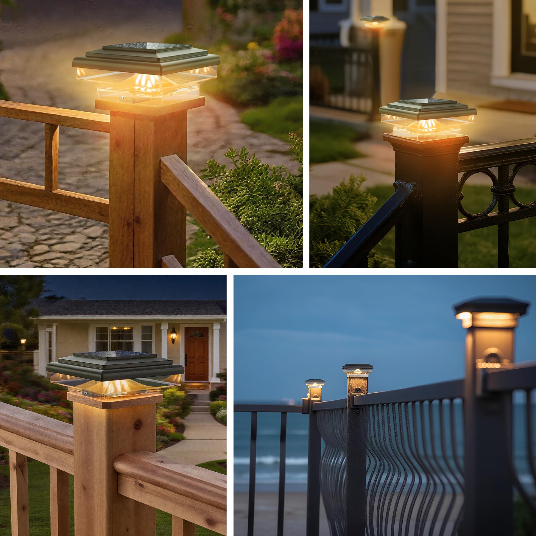 Lampada per Pilastro Solare per Pali 7x7 8x8 9x9 10x10cm, 4 pezzi | 6000-6500K con 8 Bianco Caldo LEDs, Impermeabile per Patio Recinzione Pali