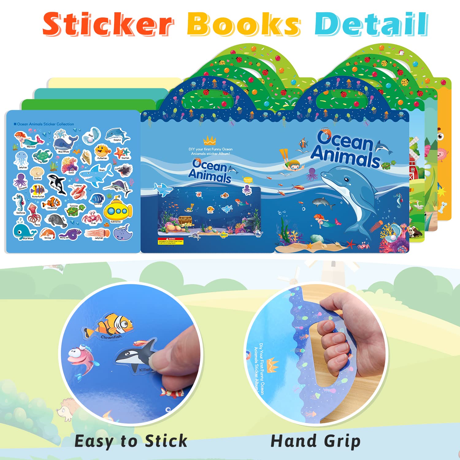 GUYUCOM 4 Pezzi Stickers Book: Libro Adesivi Attacca e Stacca Bambini 2 3 4 5 6 Anni Animali Marini, Parte del Corpo, Insetto, Giocattolo per Bambini, Regalo Educativo Compleanno Riutilizzabile