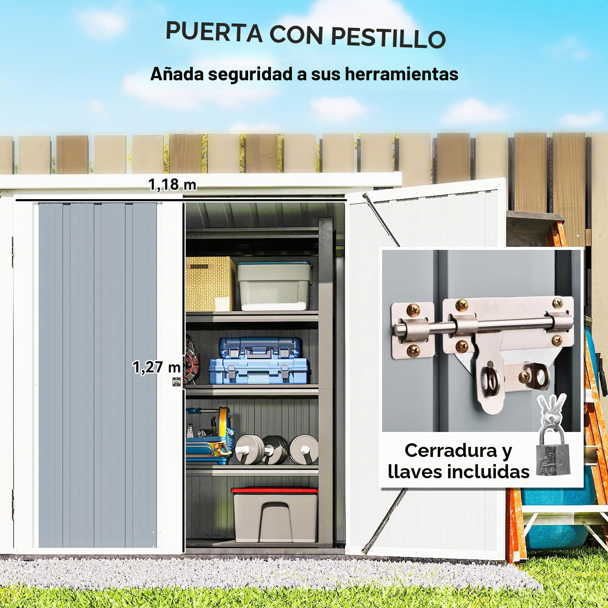 Outsunny Garden Shed - caseta de jardín 1,09 m² - caseta de Herramientas con 2 Puertas con Cerradura - Dim. 147L x 86W x 134H cm - Chapa de Acero Gris Claro Blanco