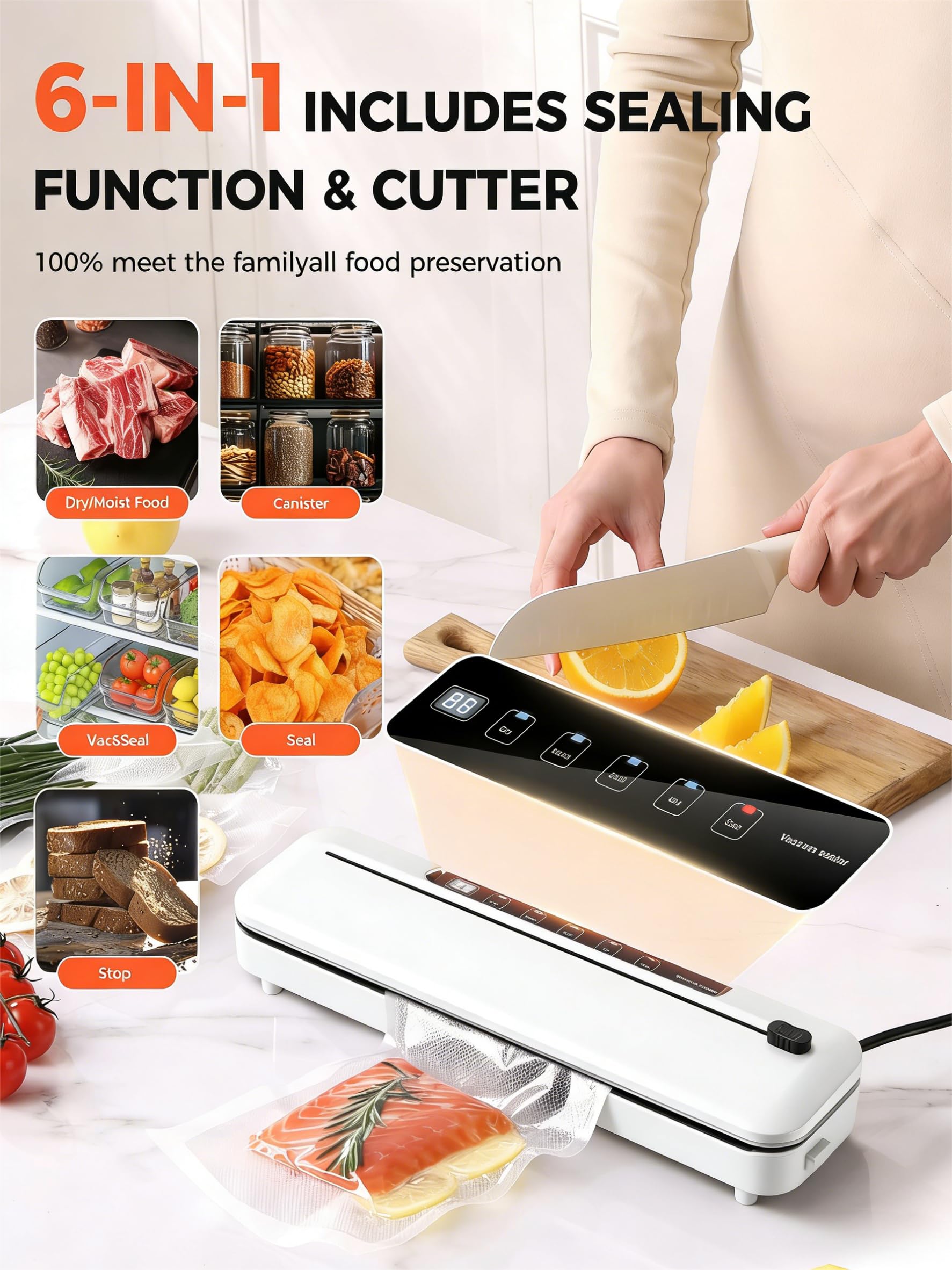 Vacuum Sealer Machine 75KPa Food with 6-in-1 Dry/Moist Modes & Digital Timer, Compact Lightweight Design, Built-in Cutter + 10 Bags (White) — view 2