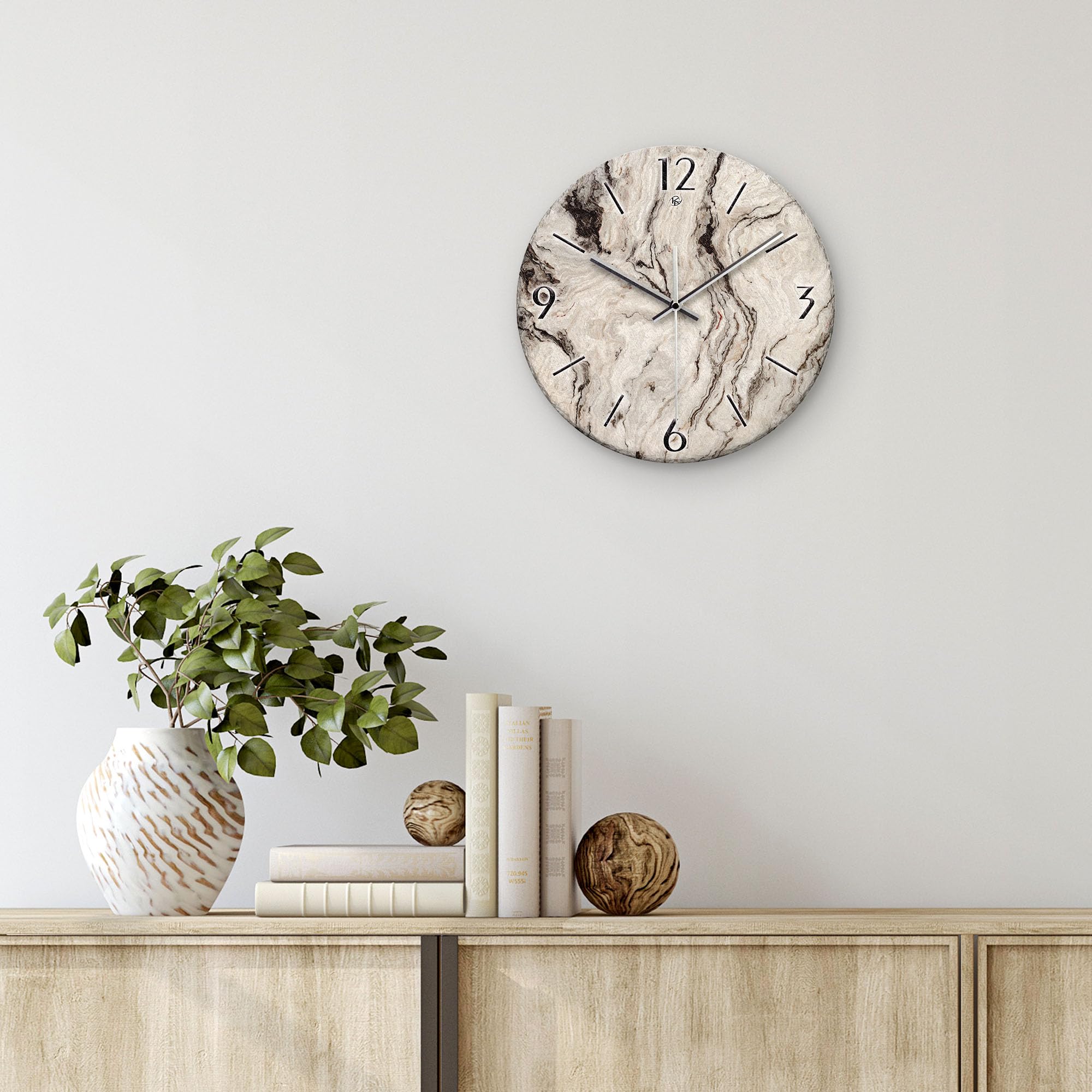 Kreative Feder Wanduhr „Marmor-Optik“ aus Stein (Keramik) in Schiefer-Optik; Durchmesser 30cm; mit leisem Uhrwerk (Marmor-Optik, leises Quarzuhrwerk)