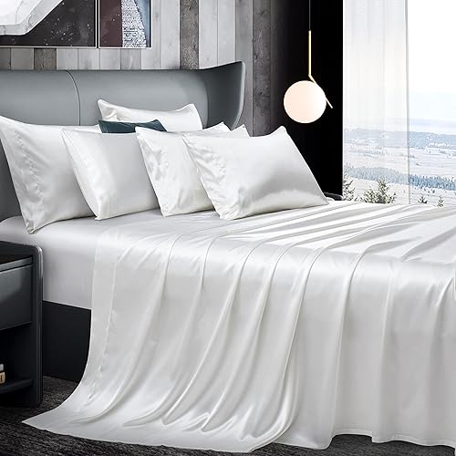 Miniatura 10 de Manyshofu Juego de sábanas de satén sedoso de 7 piezas, tamaño Queen, de color morado oscuro, lujoso y suave, 1 sábana bajera de satén, 1 sábana