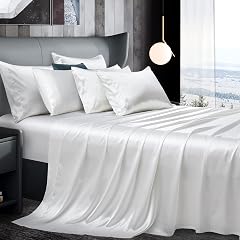 Manyshofu 7Pcs Pure White Satin Sheets Queen Size Silky Satin Bed Sheets Set Luxurious Soft Satin Bedding Set