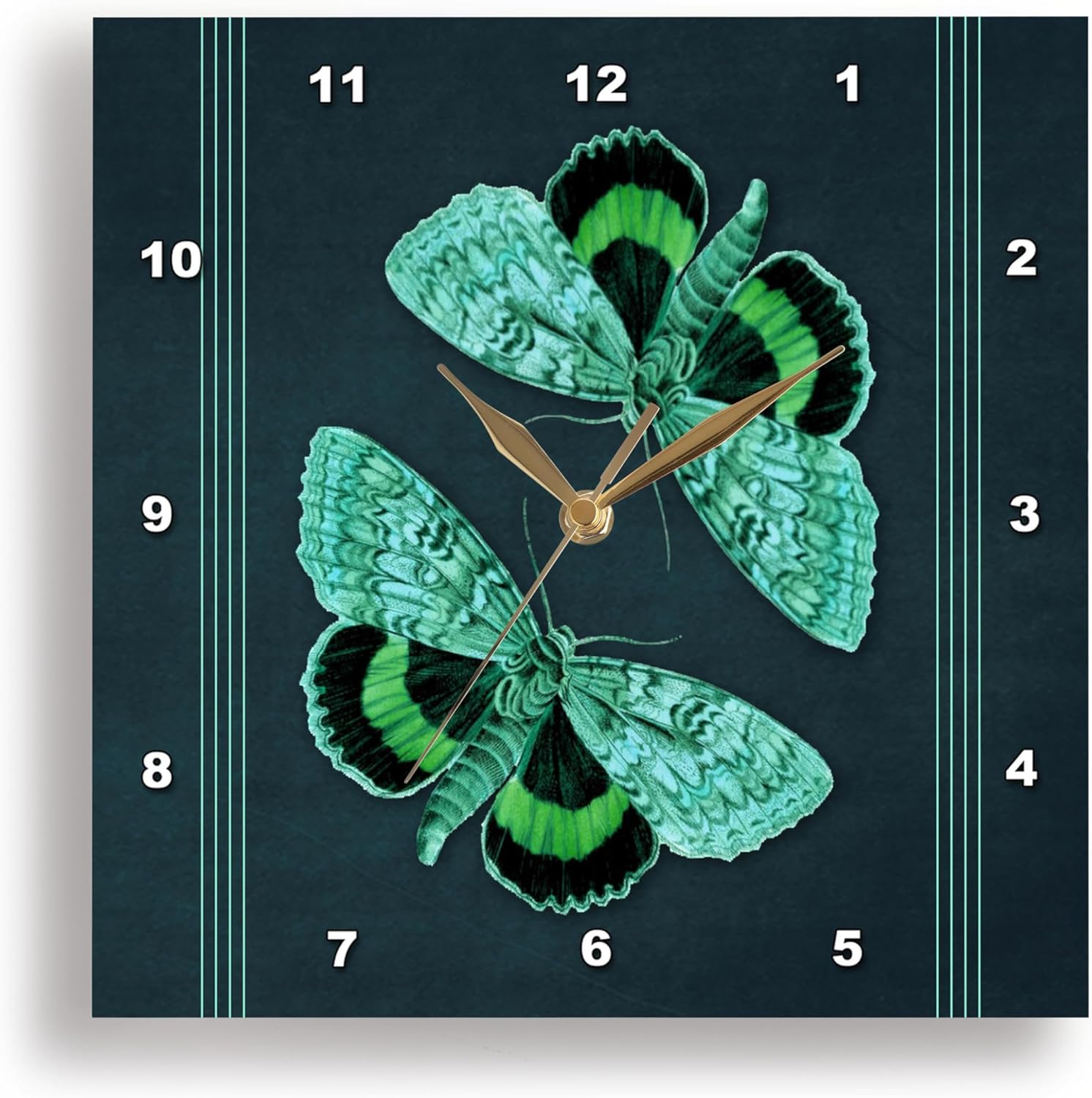 3dRose DPP_53911_2 Green and Turquoise Butterflies on a Textured Teal Background with Turquoise Line Accents Wall Clock, 13 by 13-Inch