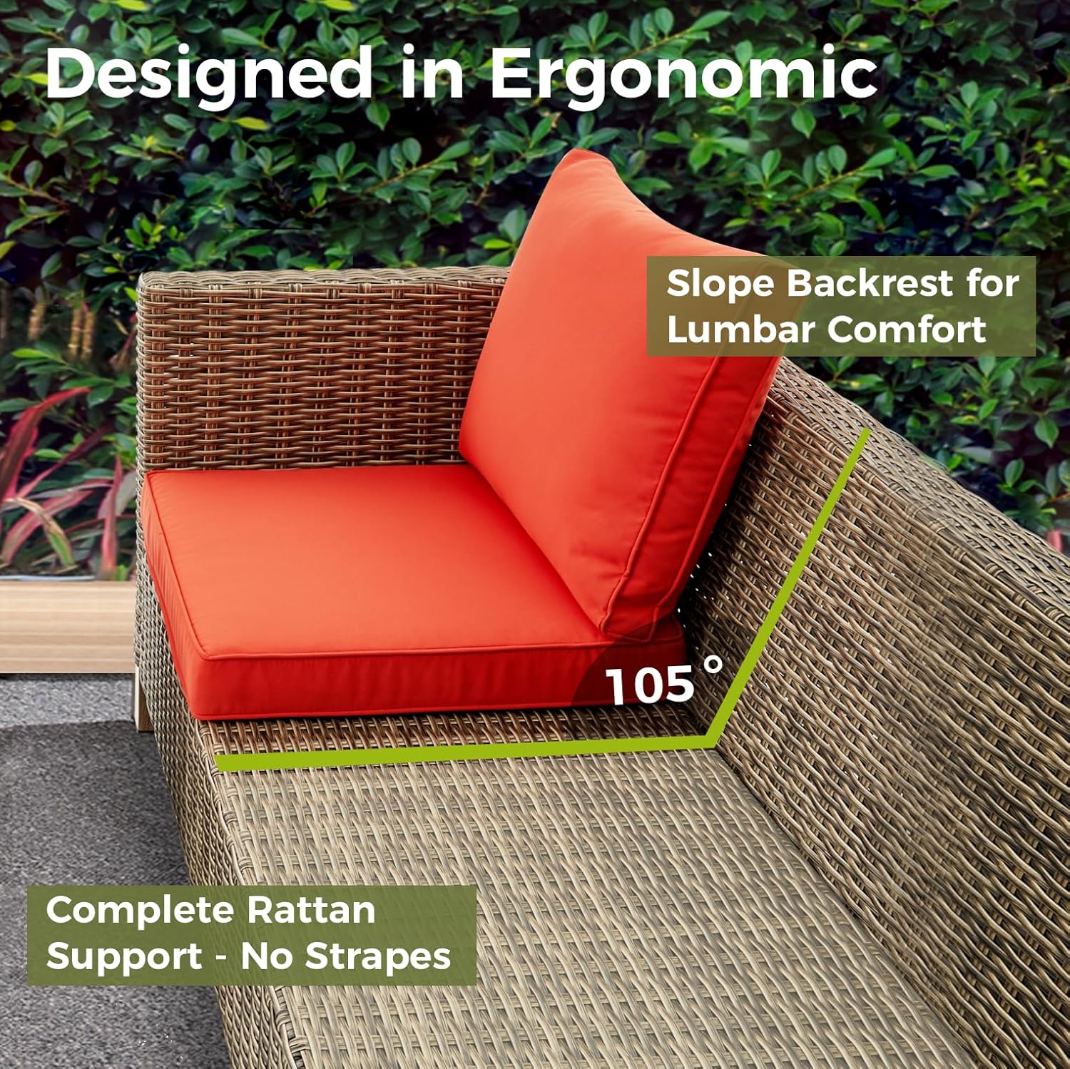 Close-up of a sofa corner showing the 105-degree sloped backrest for ergonomic comfort