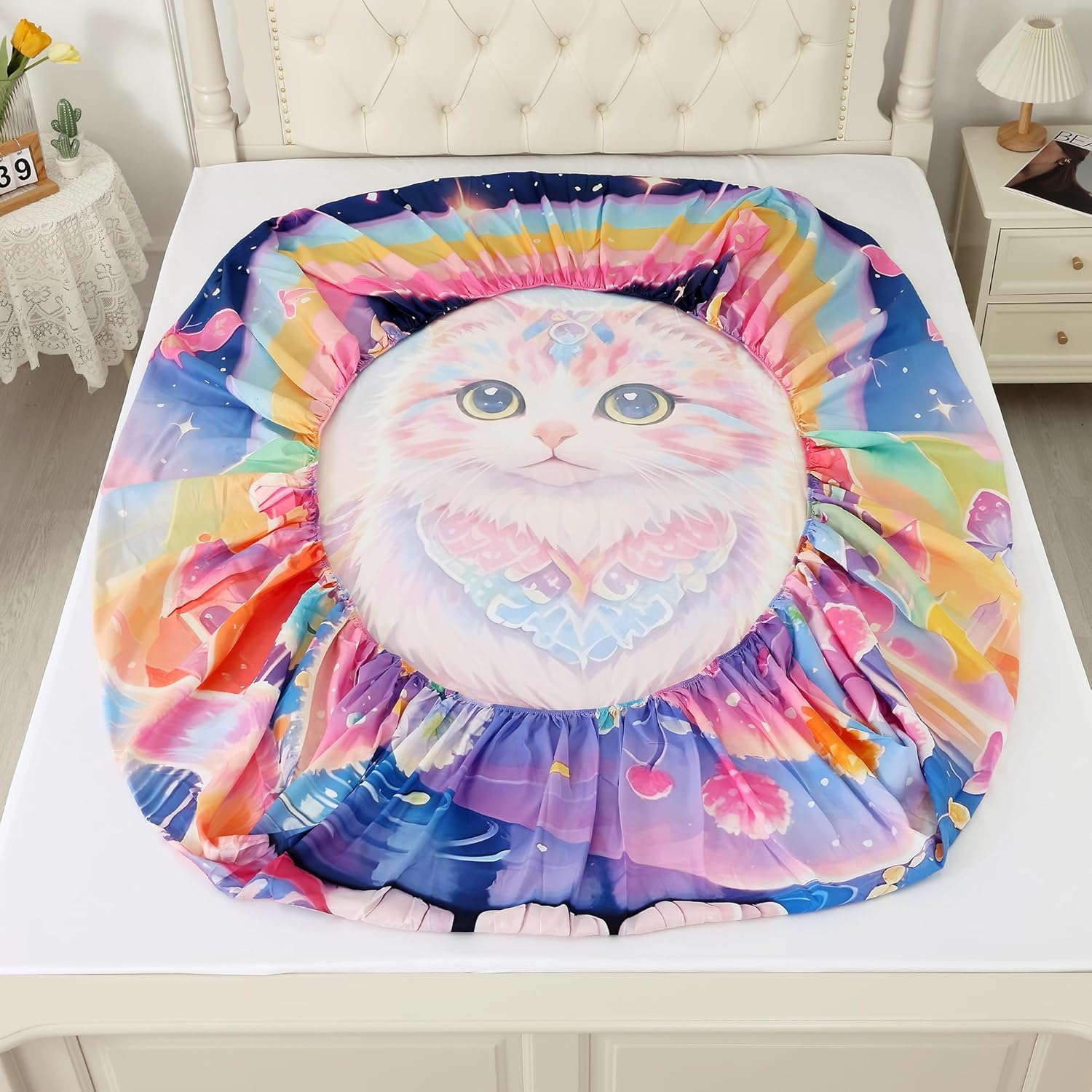 Rainbow Cat Sheets Twin: Cute Cat Print Bed Sheets for Kids Teen Girls Pink Kawaii Ethnic Kitten 3 Piece Bedding Sets 1 Fitted Sheet & 1 Flat Sheet & 1 Pillowcase