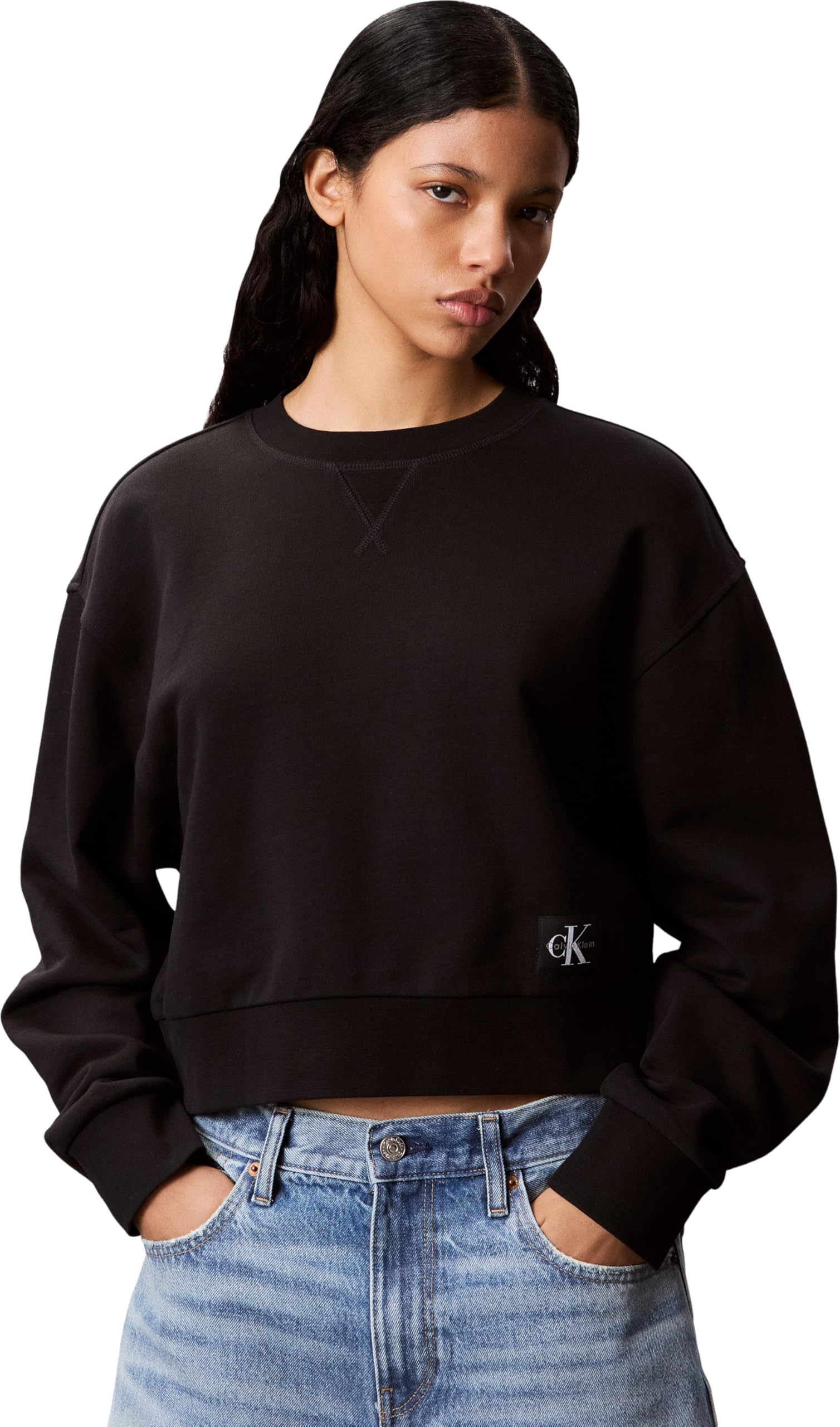 Calvin Klein Women’s Badge Logo Cropped Sweatshirt, Black (Black), XS