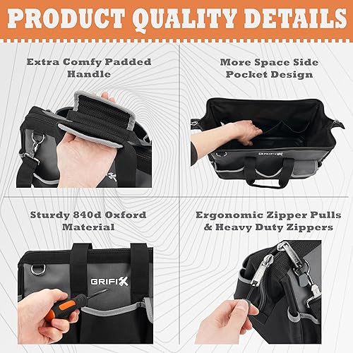 Miniatura 5 de Bolsa de herramientas de 17 pulgadas, organizador de caja de herramientas, bolsa de herramientas de boca ancha con cremallera grande, correa de